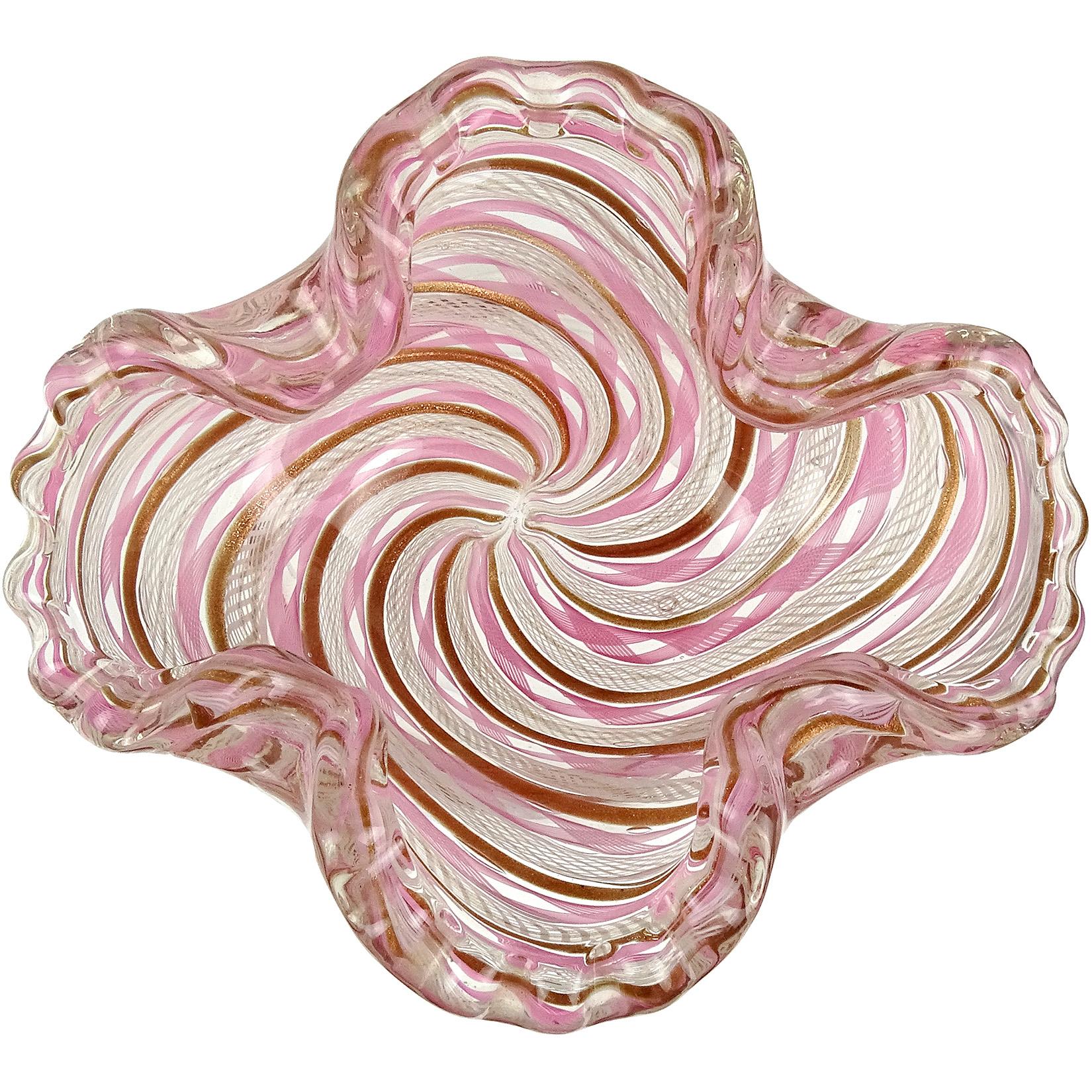 Fratelli Toso Tazón de cristal artístico italiano de Murano rosa blanco cobre con cintas de aventurina Hecho a mano en venta