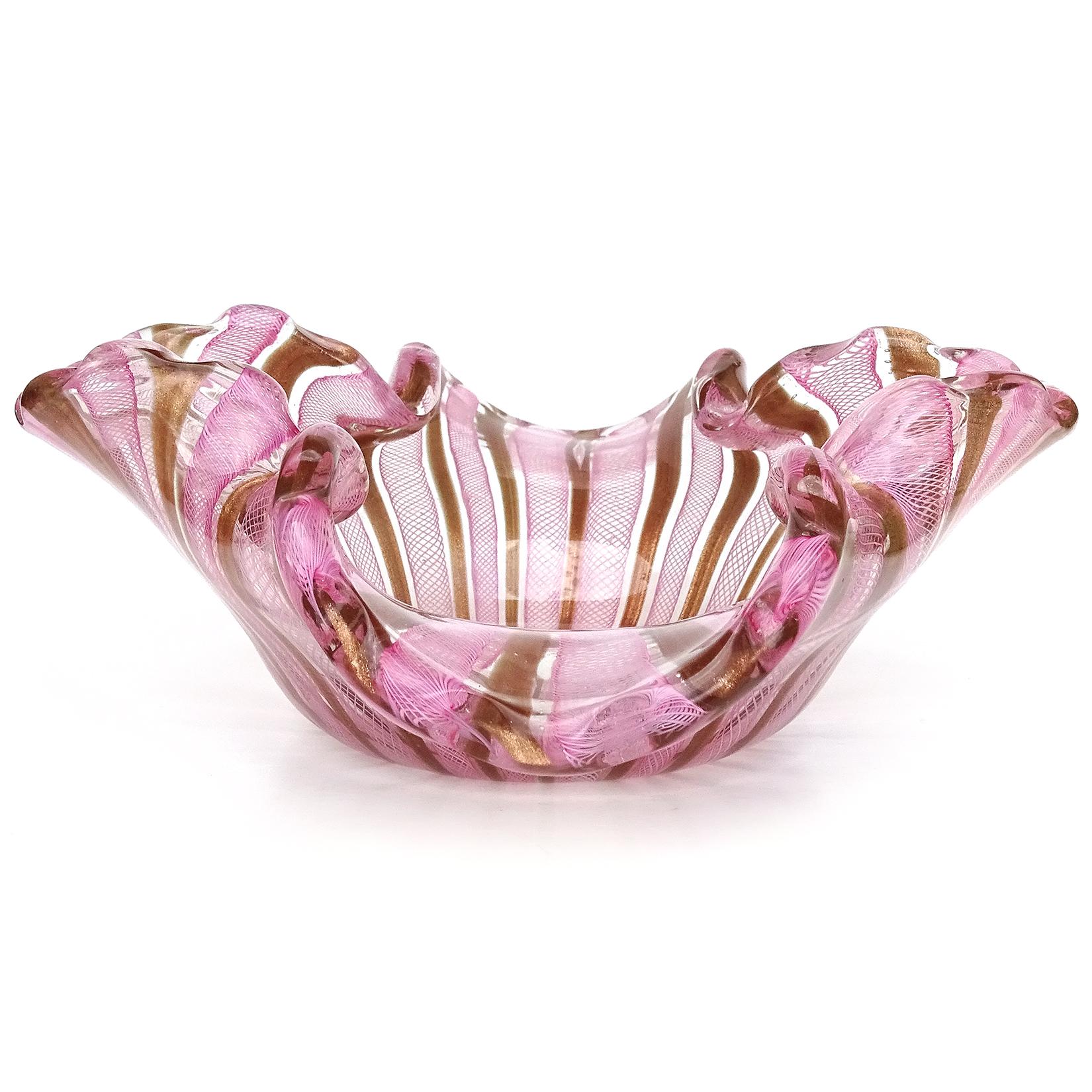 20th Century Fratelli Toso Murano Pink White Copper Aventurine Ribbons Italian Art Glass Bowl For Sale