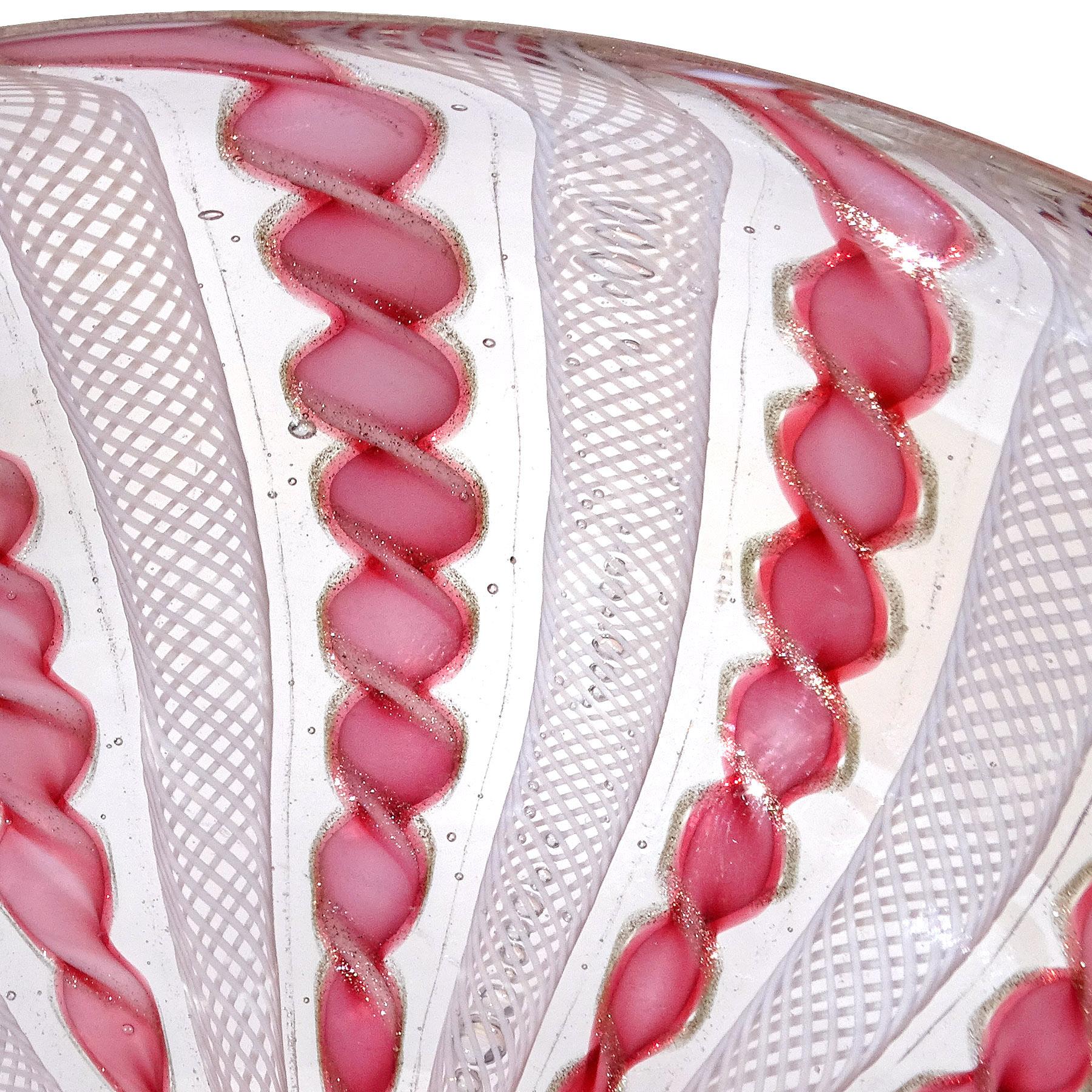 20th Century Fratelli Toso Murano Pink White Copper Aventurine Ribbons Italian Art Glass Bowl For Sale