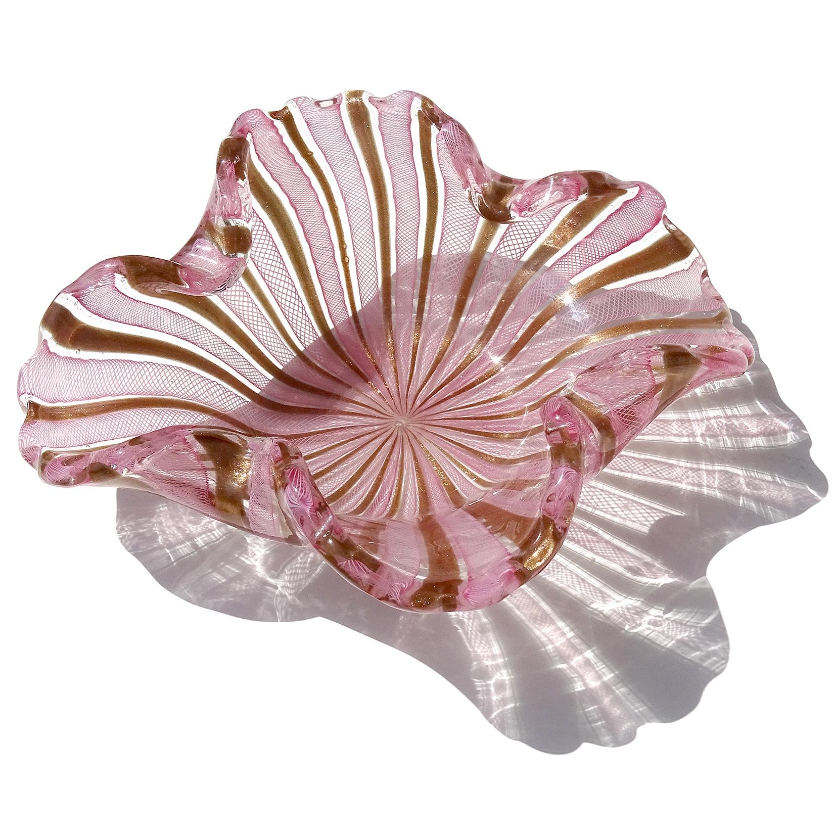 Fratelli Toso Murano Pink White Copper Aventurine Ribbons Italian Art Glass Bowl For Sale 1