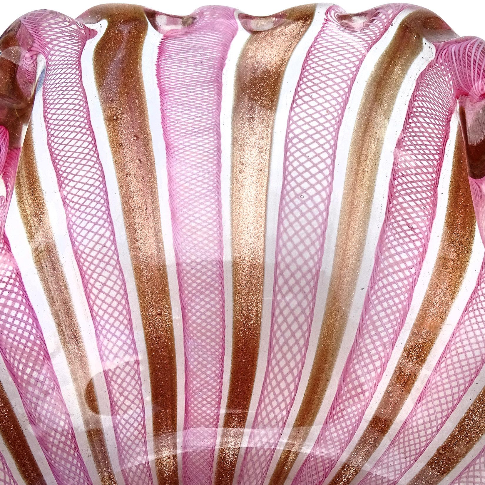 Fratelli Toso Murano Pink White Copper Aventurine Ribbons Italian Art Glass Bowl For Sale 2