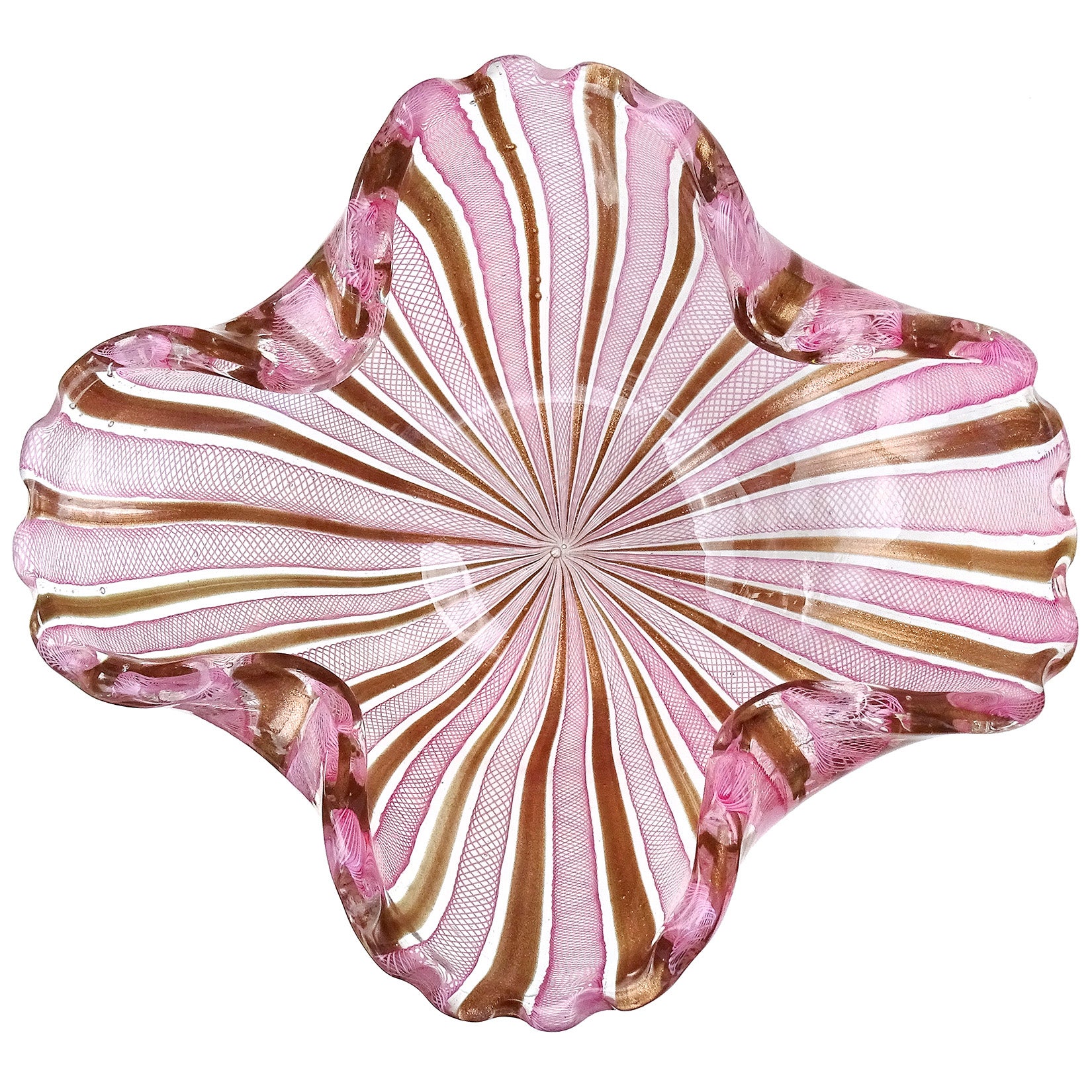 Fratelli Toso Murano Pink White Copper Aventurine Ribbons Italian Art Glass Bowl