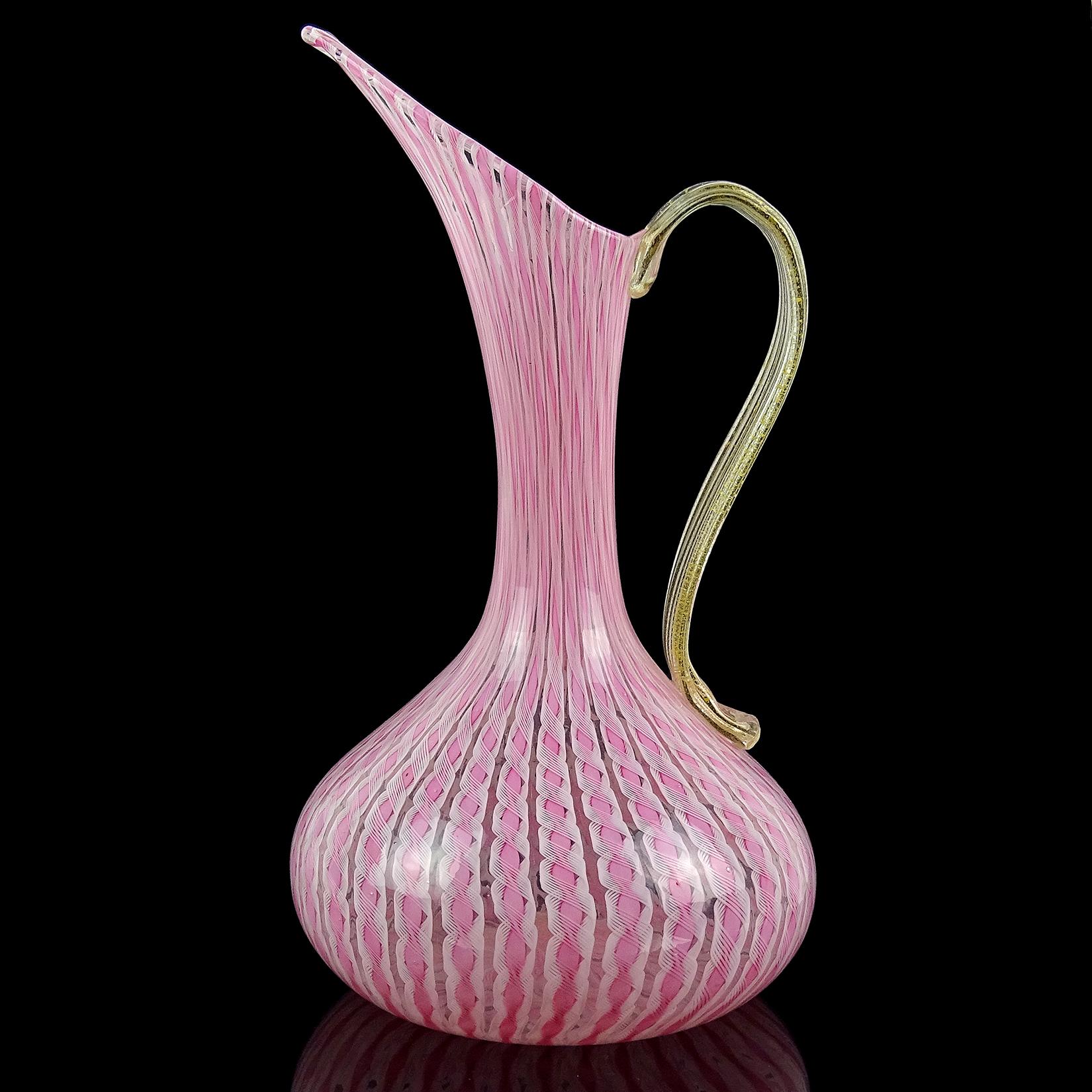 Beautiful and large, vintage Murano hand blown pink and white ribbons Italian art glass pitcher / vase. Documented to the Fratelli Toso company, with original 