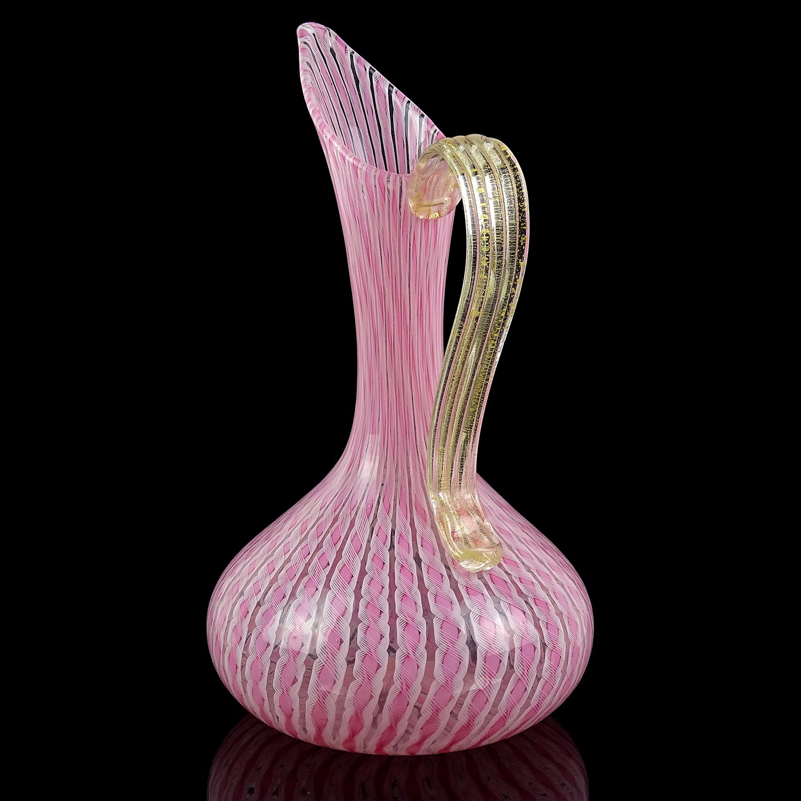 Fatto a mano Vaso brocca in vetro artistico italiano Fratelli Toso Murano Rosa Nastro Bianco Foglia d'Oro in vendita