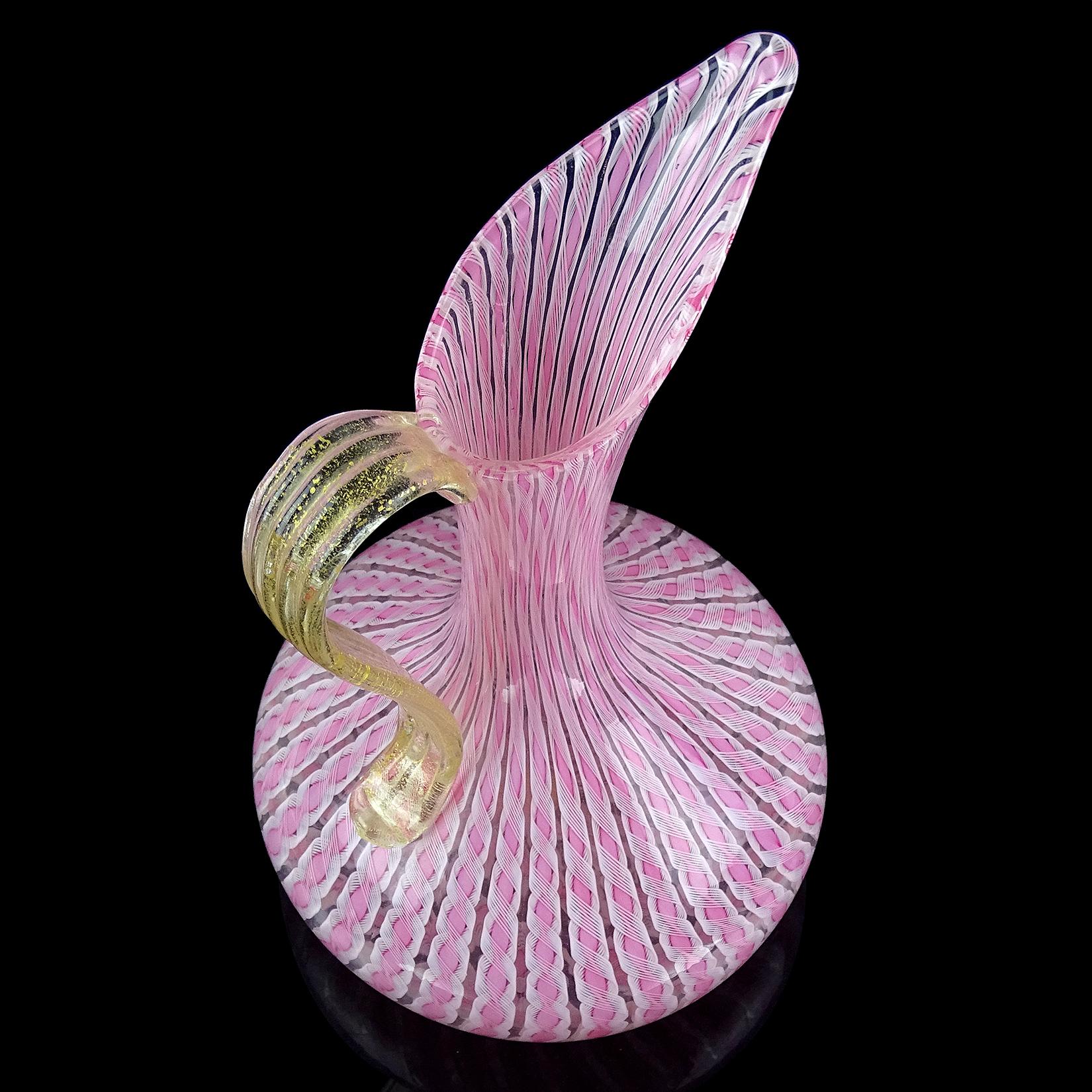 Mid-Century Modern Fratelli Toso Murano Pink White Ribbon Gold Leaf Italian Art Glass Pitcher Vase For Sale