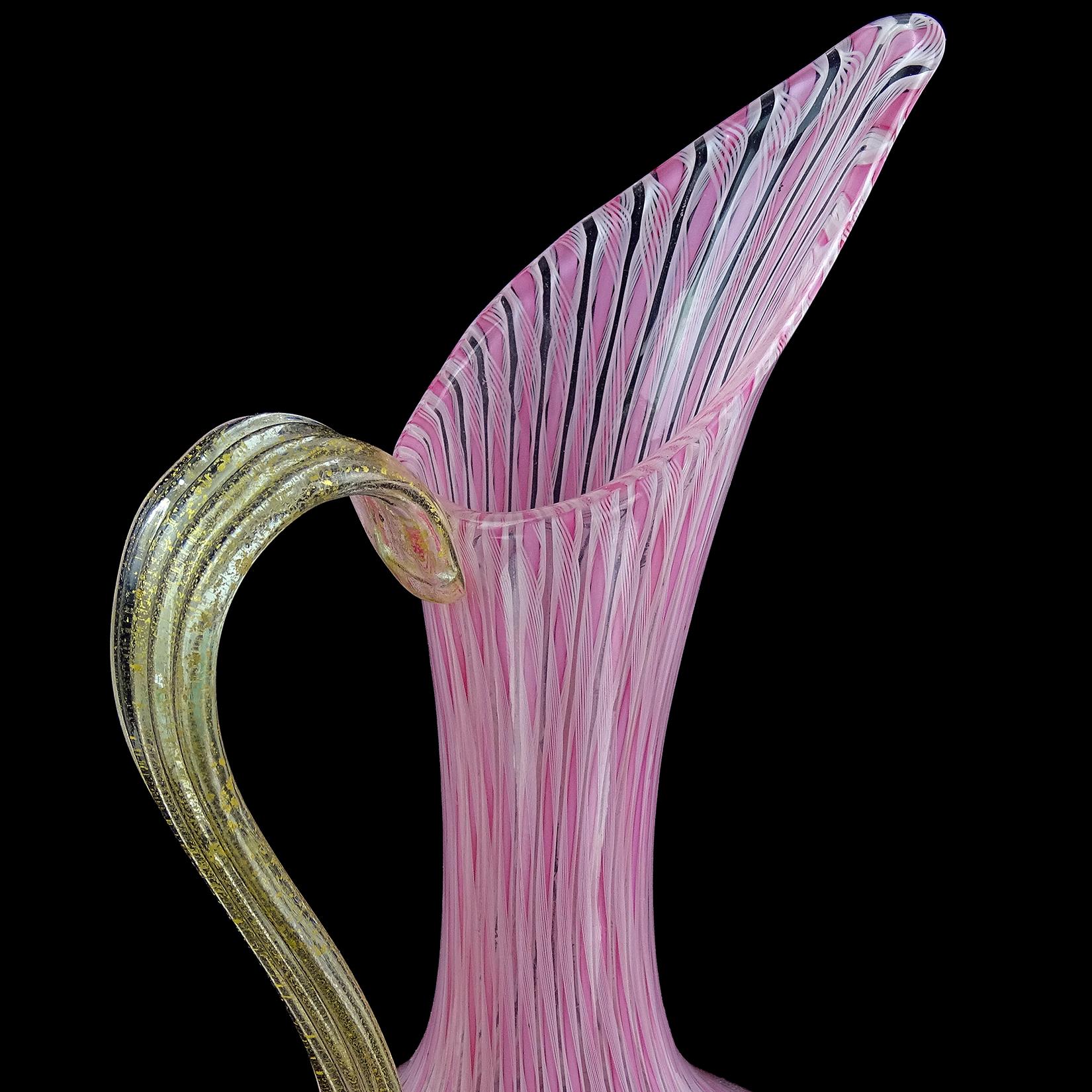 XX secolo Vaso brocca in vetro artistico italiano Fratelli Toso Murano Rosa Nastro Bianco Foglia d'Oro in vendita