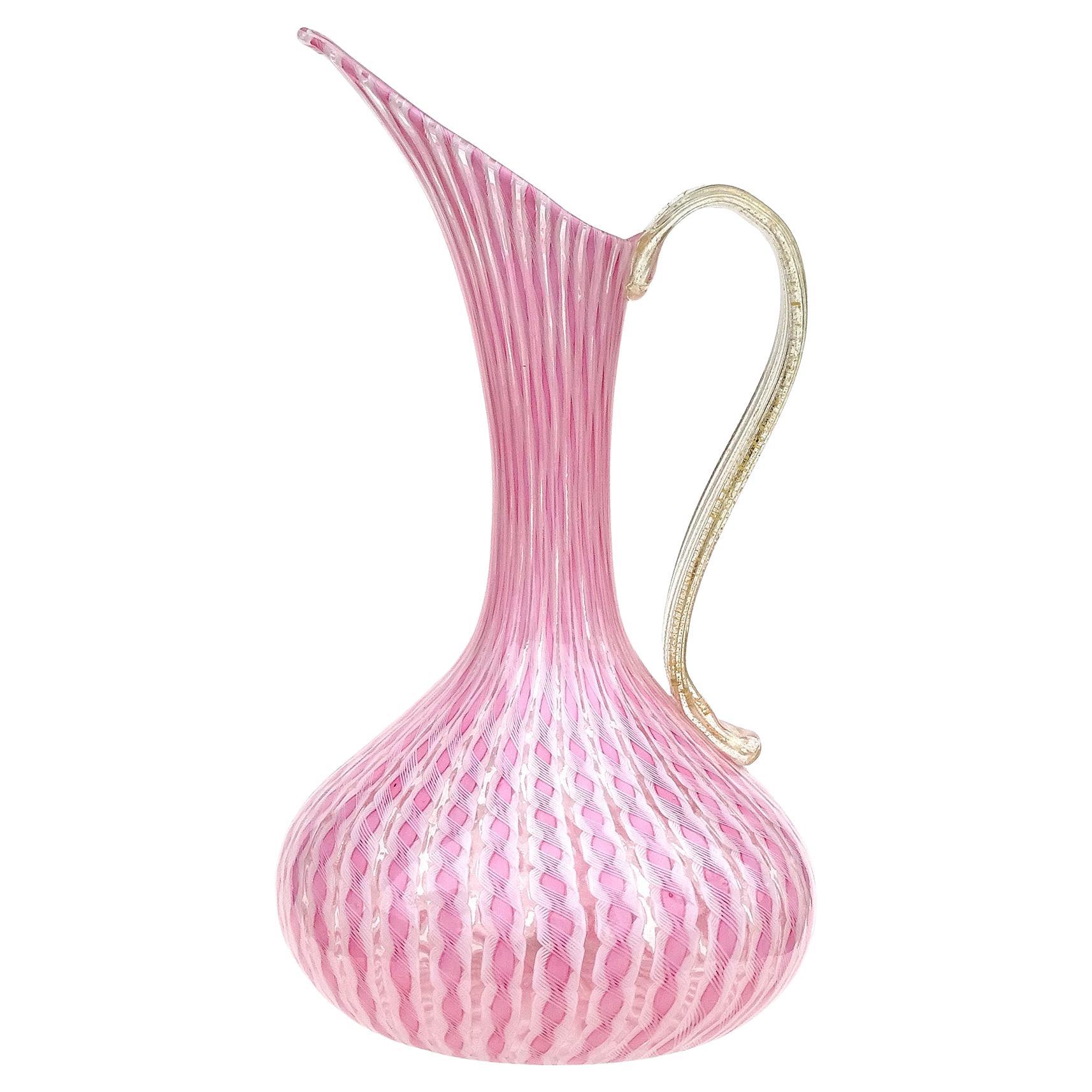 Fratelli Toso Murano Pink White Ribbon Gold Leaf Italian Art Glass Pitcher Vase