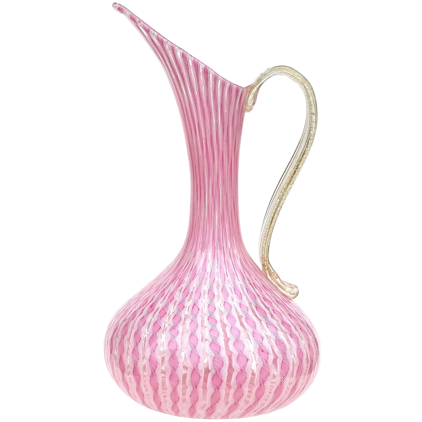 Italienische Fratelli Toso Murano-Krugvase aus Kunstglas mit rosa-weißem Band und Blattgoldband