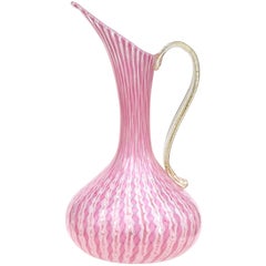 Fratelli Toso Murano Pink White Ribbon Gold Leaf Italian Art Glass Pitcher Vase