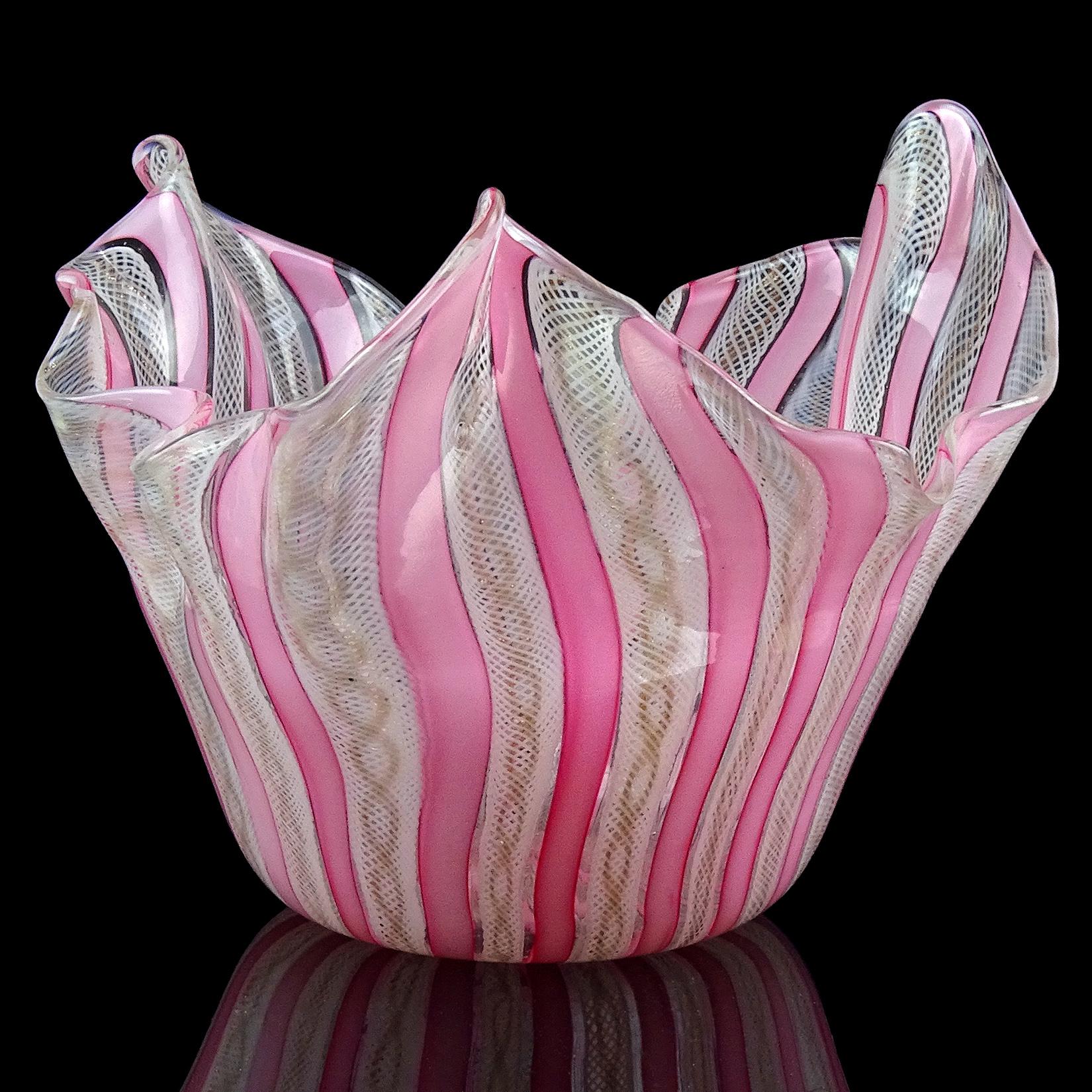 Gorgeous vintage Murano hand blown pink, white, and aventurine ribbons Italian art glass handkerchief / fazzoletto vase. Documented to the Fratelli Toso company. Made with pink 