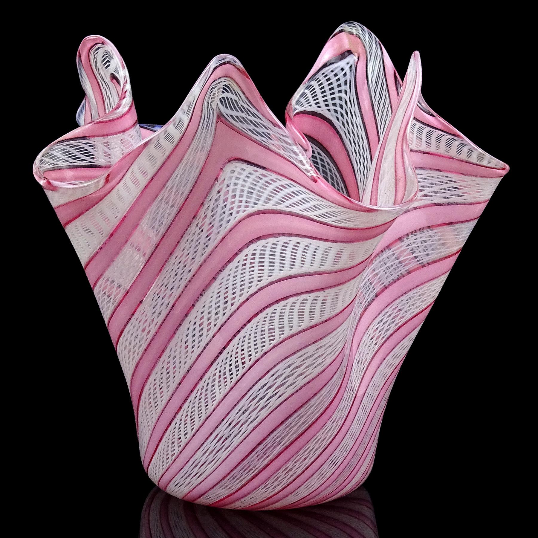 Beautiful vintage Murano hand blown pink and white ribbons Italian art glass handkerchief / fazzoletto vase. Documented to the Fratelli Toso company. The piece has an original 