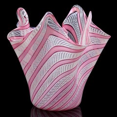 Fratelli Toso Murano Pink White Ribbons Italian Art Glass Fazzoletto Flower Vase