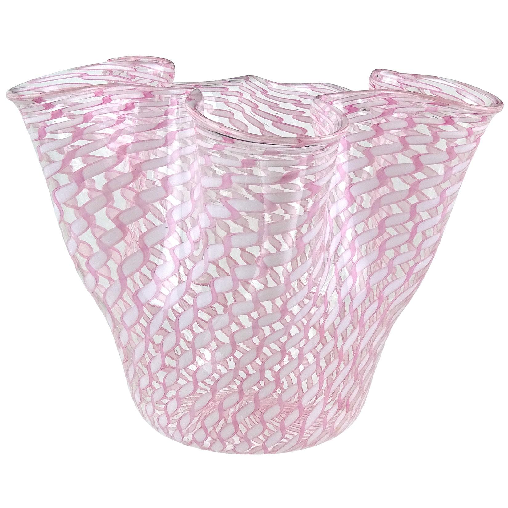 Mid-Century Modern Fratelli Toso Murano Pink White Ribbons Italian Art Glass Fazzoletto Flower Vase For Sale