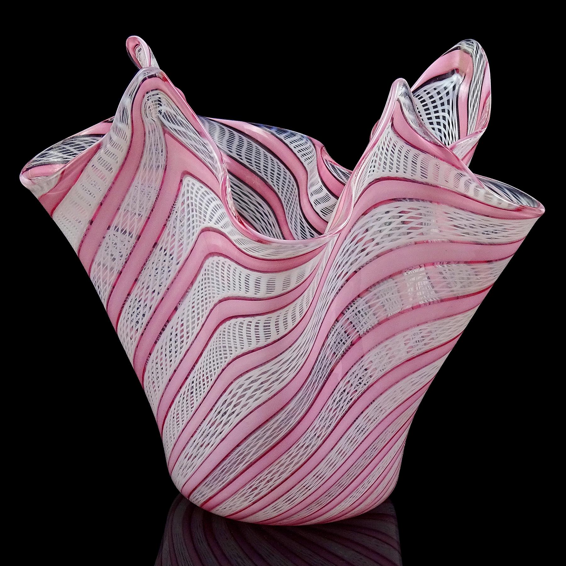 Hand-Crafted Fratelli Toso Murano Pink White Ribbons Italian Art Glass Fazzoletto Flower Vase For Sale