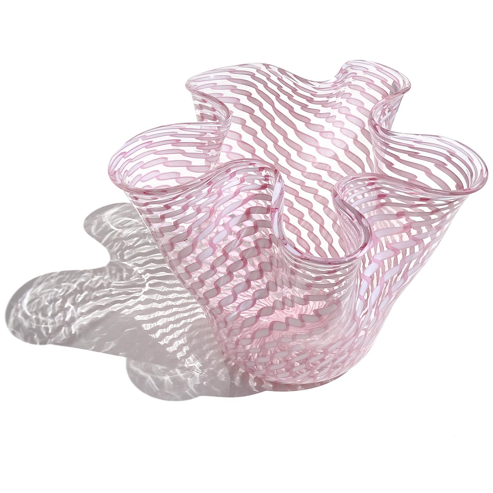 Fratelli Toso Murano Pink White Ribbons Italian Art Glass Fazzoletto Flower Vase For Sale 1