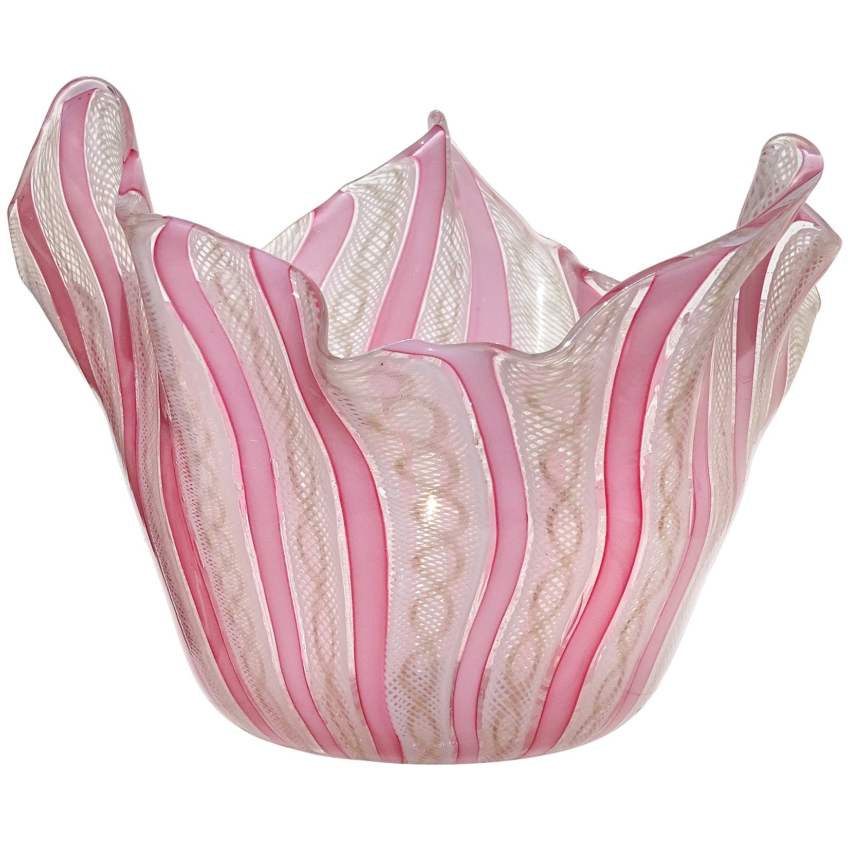Fratelli Toso Murano Pink White Ribbons Italian Art Glass Fazzoletto Flower Vase