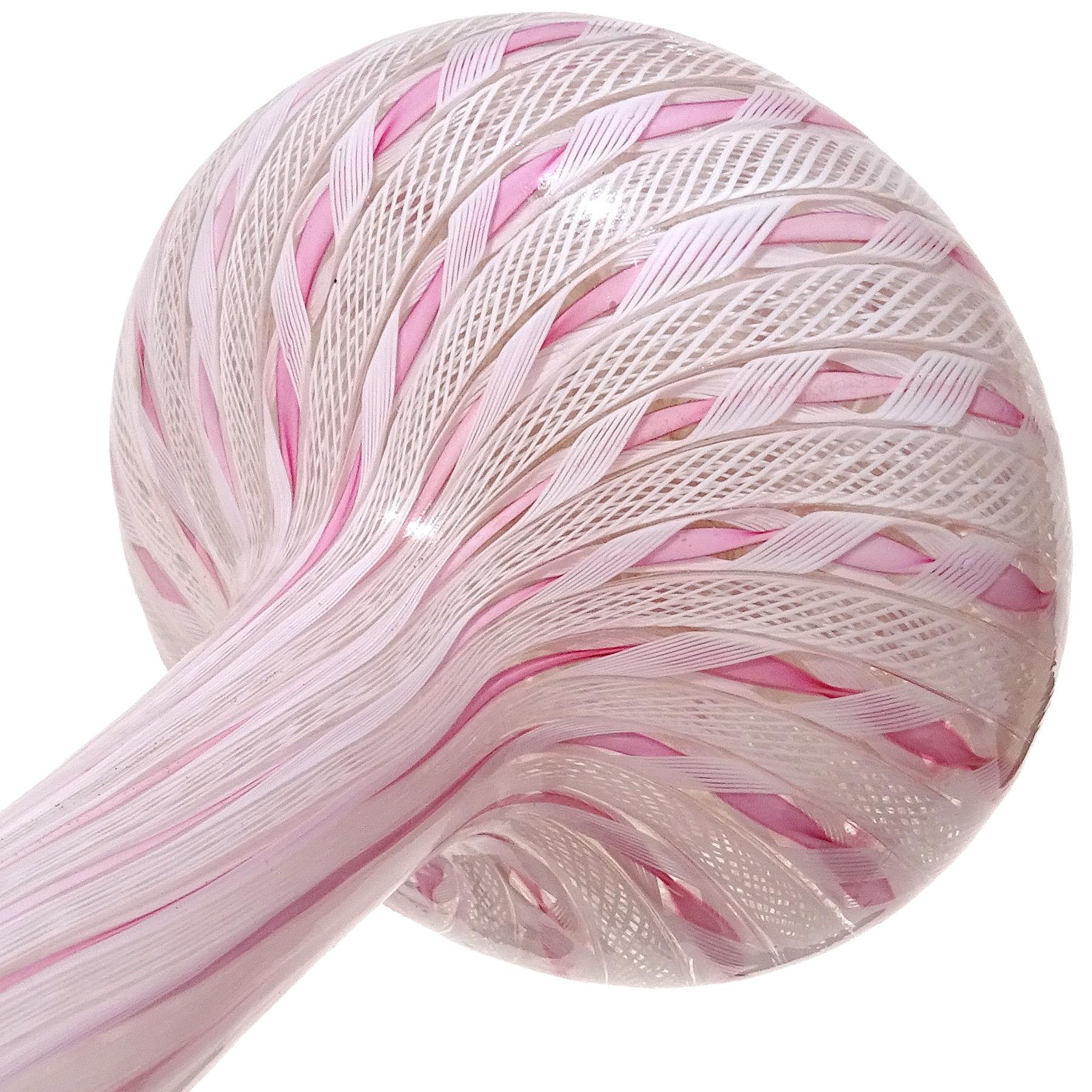 Mid-Century Modern Fratelli Toso Murano Pink White Ribbons Italian Art Glass Soliflore Flower Vase For Sale