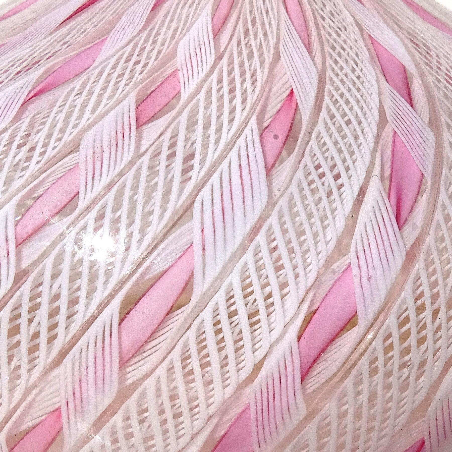 Hand-Crafted Fratelli Toso Murano Pink White Ribbons Italian Art Glass Soliflore Flower Vase For Sale