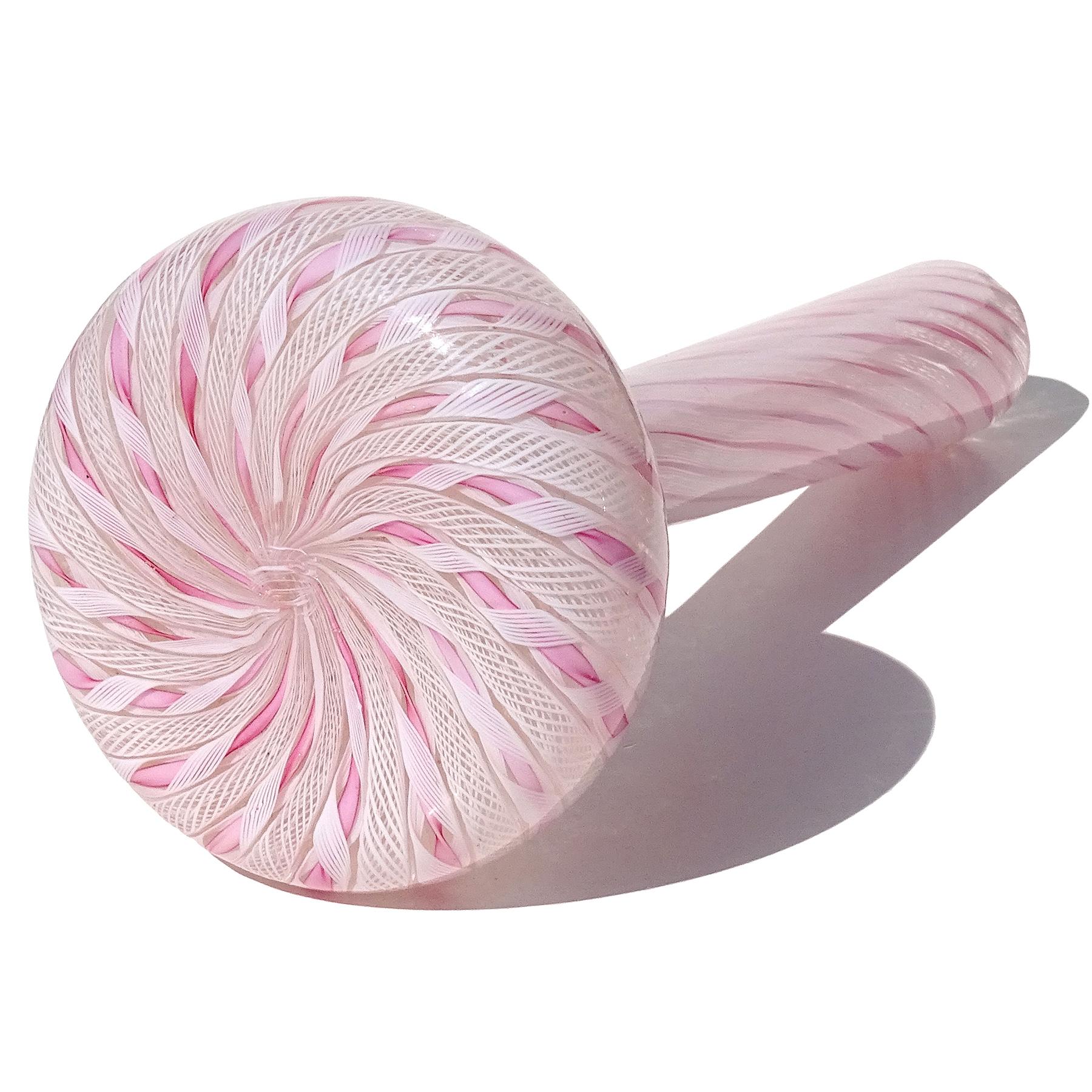 Fratelli Toso Murano Pink White Ribbons Italian Art Glass Soliflore Flower Vase In Good Condition For Sale In Kissimmee, FL