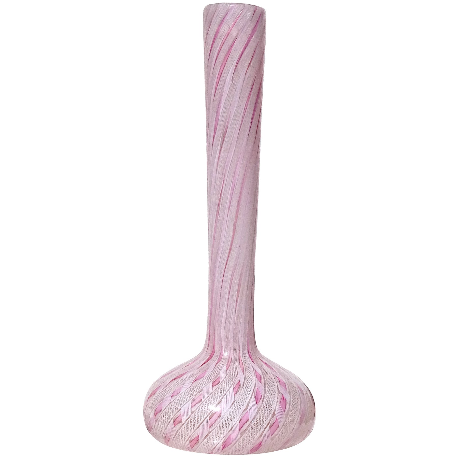 Fratelli Toso Murano Pink White Ribbons Italian Art Glass Soliflore Flower Vase