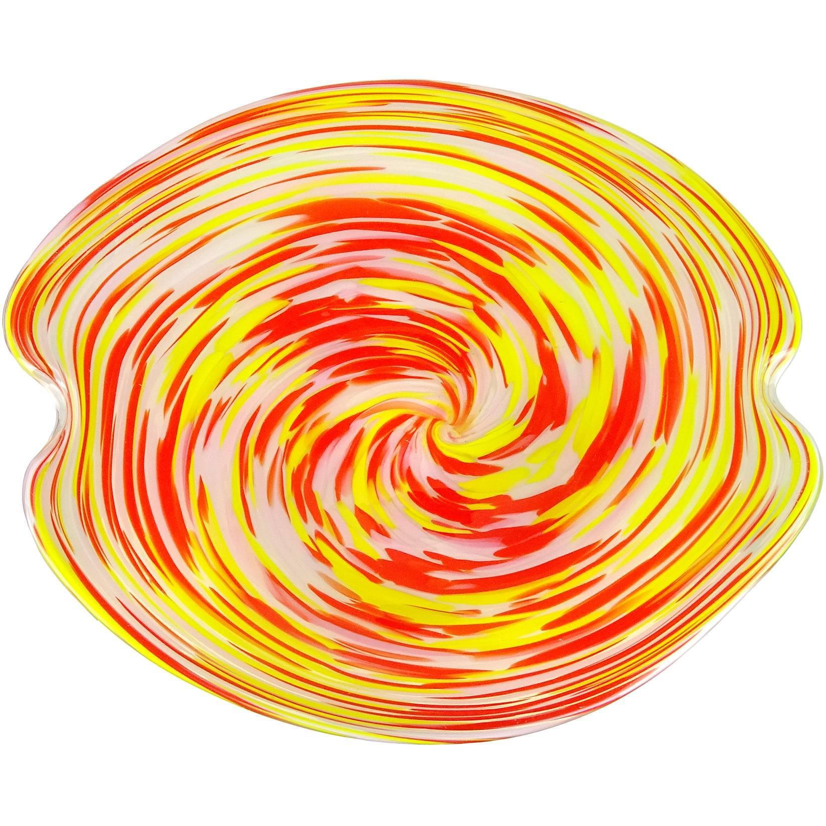 Hand-Crafted Fratelli Toso Murano Psychedelic Yellow Orange Opal Italian Art Glass Bowl