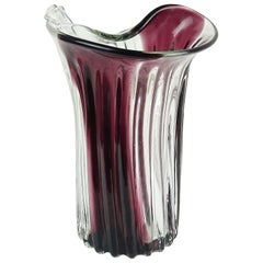 Fratelli Toso Murano Purple Stripe Italian Art Glass Scroll Edge Flower Vase