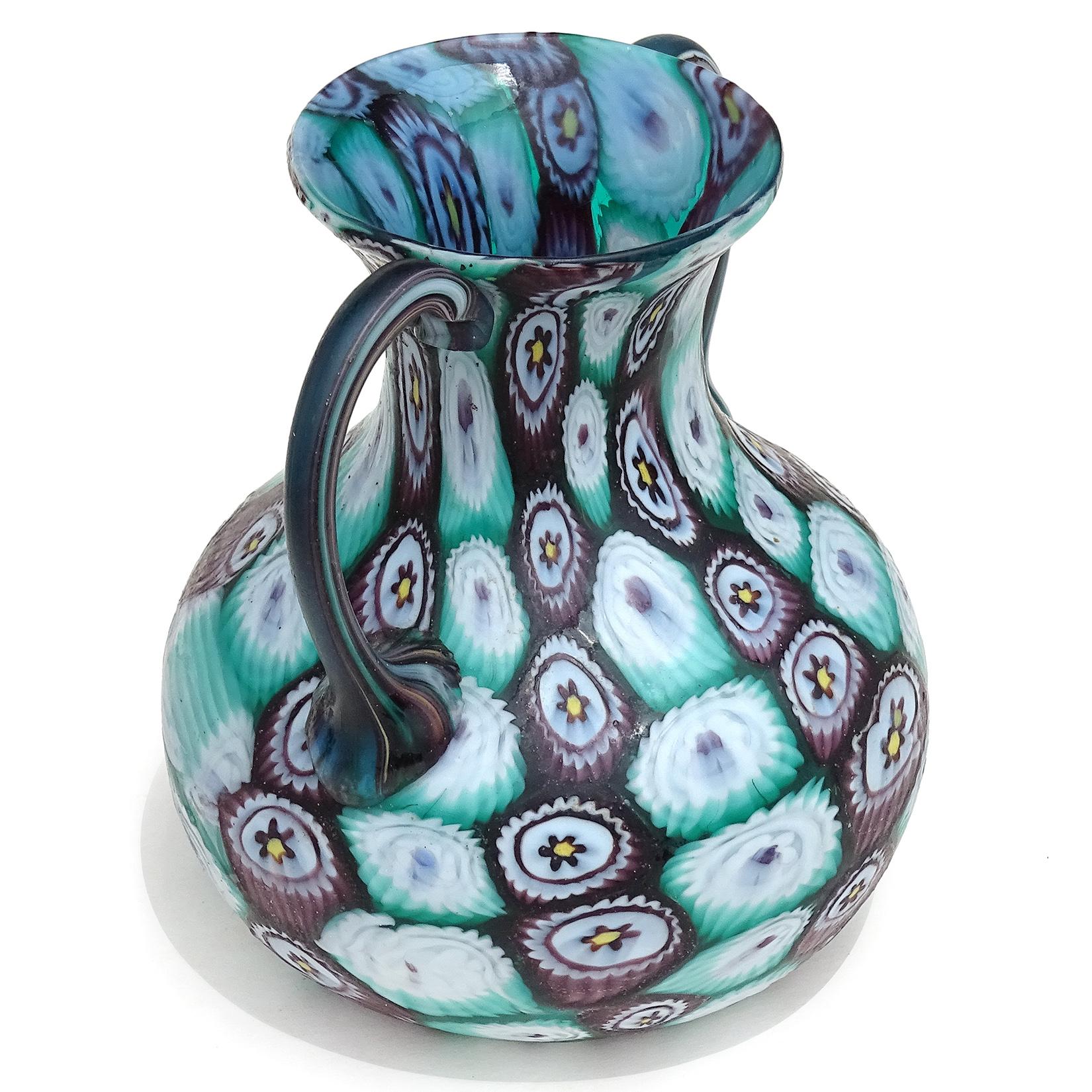 Art Nouveau Fratelli Toso Murano Purple Teal Blue Millefiori Antique Italian Art Glass Vase