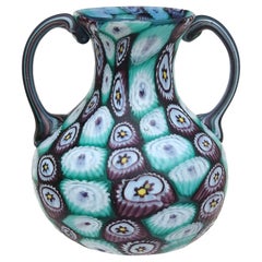 Fratelli Toso Murano Purple Teal Blue Millefiori Antique Italian Art Glass Vase