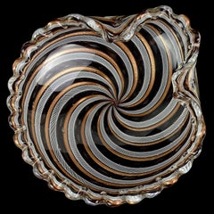 Fratelli Toso Murano Purple White Ribbons Gold Flecks Italian Art Glass Bowl