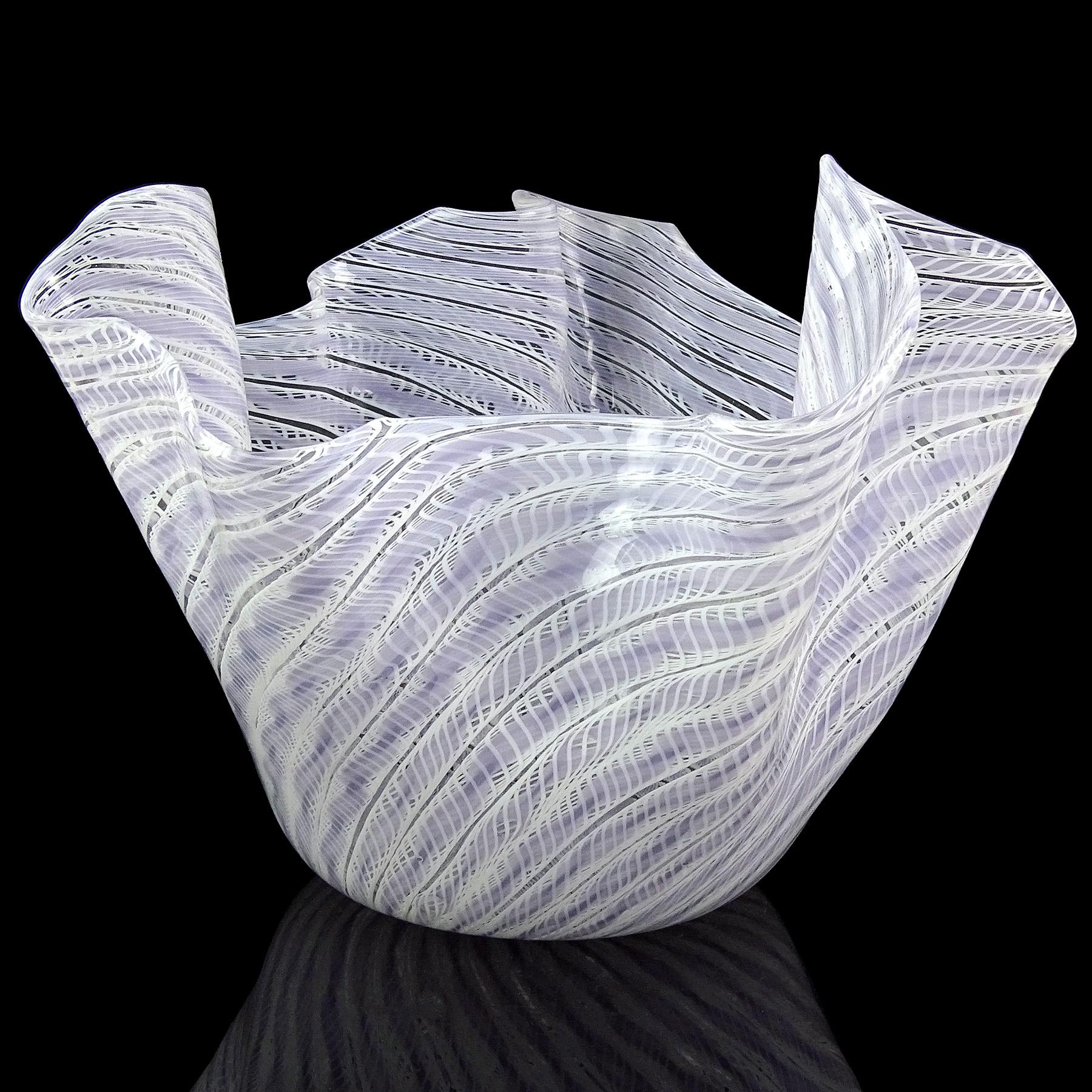 Hand-Crafted Fratelli Toso Murano Purple White Ribbons Italian Art Glass Fazzoletto Vase For Sale