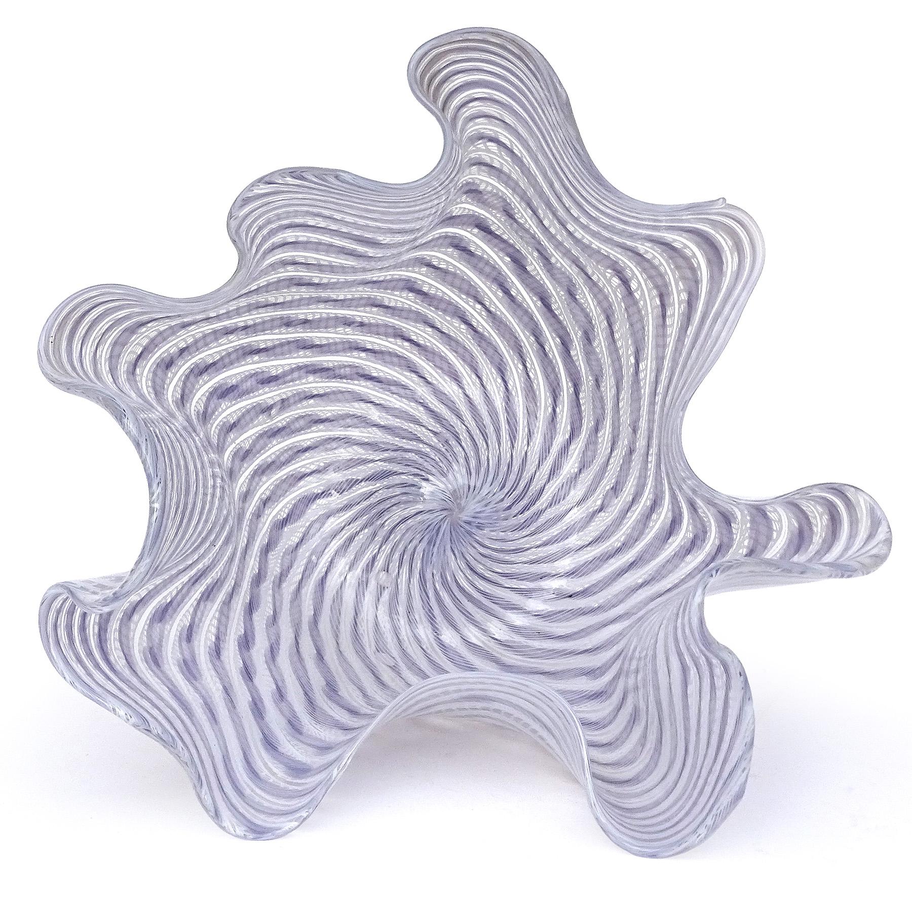 Fratelli Toso Murano Purple White Ribbons Italian Art Glass Fazzoletto Vase For Sale 2