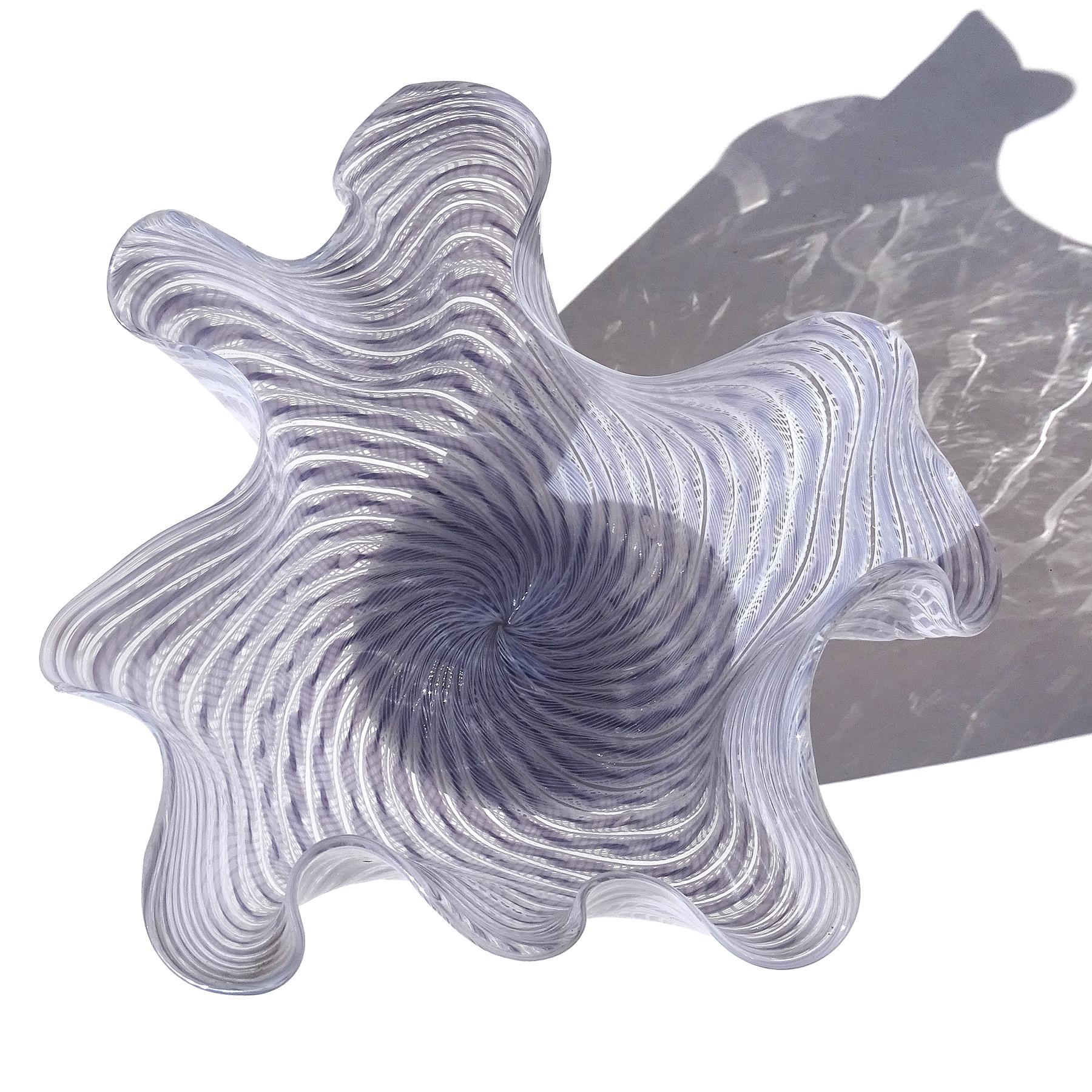 Fratelli Toso Murano Purple White Ribbons Italian Art Glass Fazzoletto Vase For Sale 3