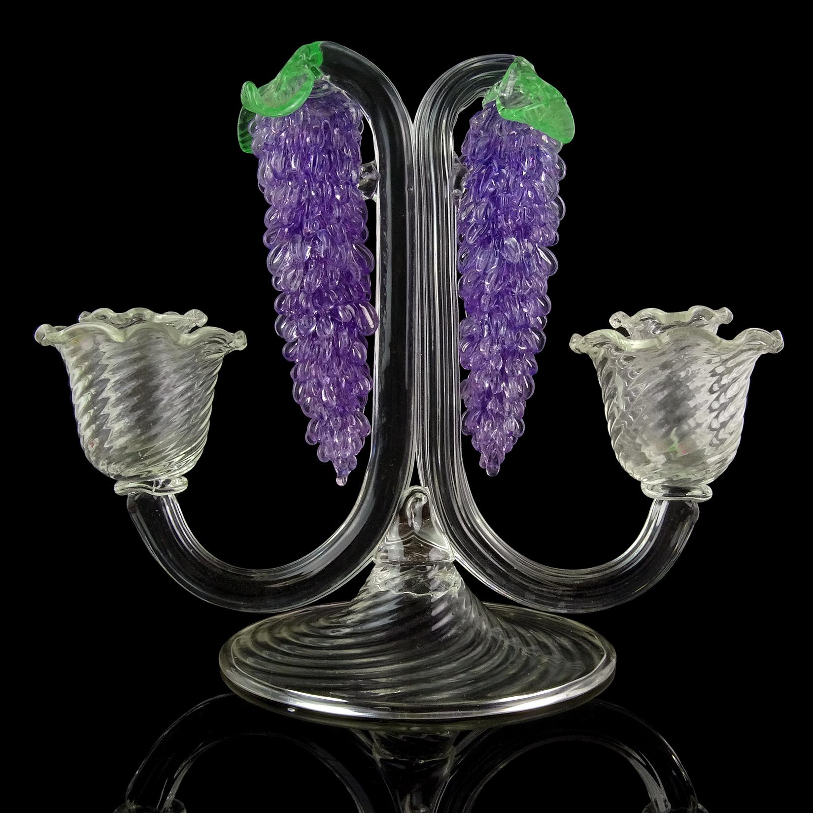 Art Deco Fratelli Toso Murano Purple Wisteria Flower Italian Art Glass Double Candlestick