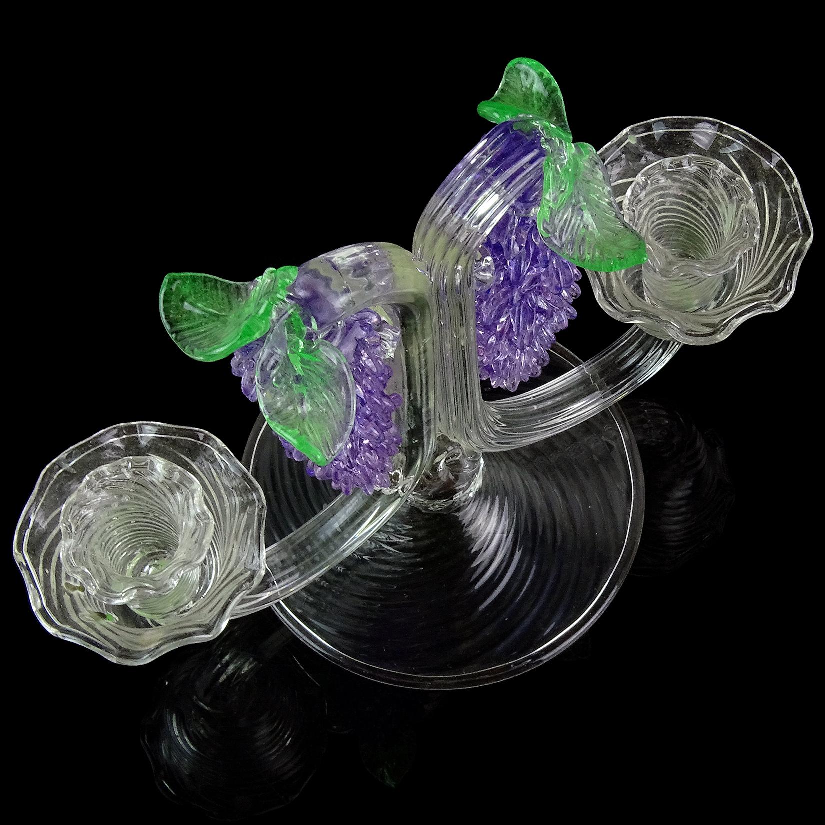 Fratelli Toso Murano Purple Wisteria Flower Italian Art Glass Double Candlestick 1