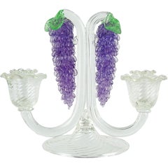 Fratelli Toso Murano Purple Wisteria Flower Italian Art Glass Double Candlestick