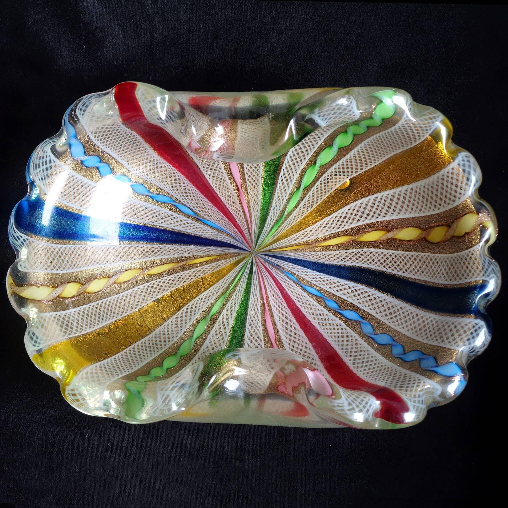 Mid-Century Modern Fratelli Toso Murano Rainbow Blue Red Ribbons Gold Flecks Italian Art Glass Bowl