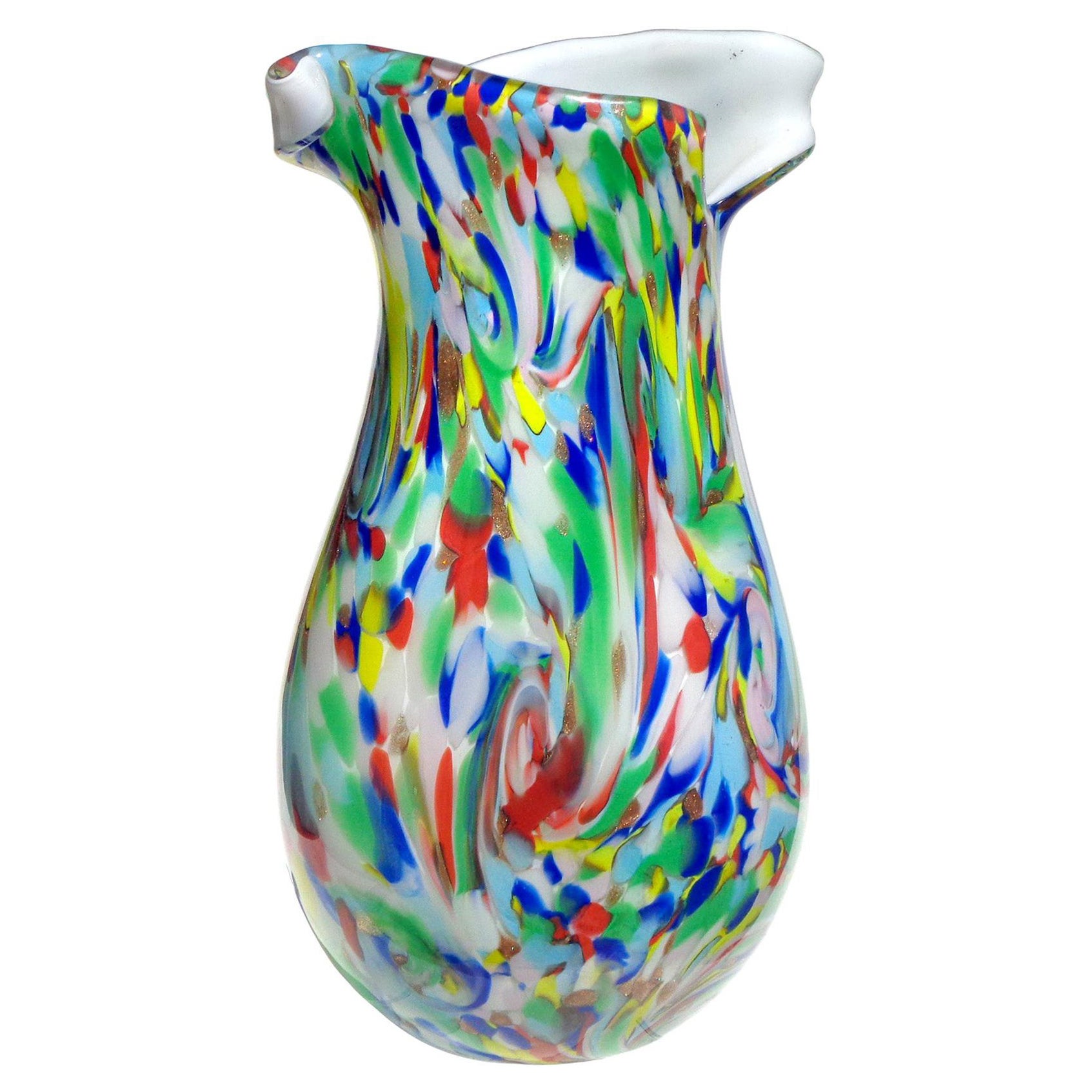 Fratelli Toso Jarrón de Murano con borde retorcido de flor de vidrio artístico italiano en forma de remolino de color arco iris