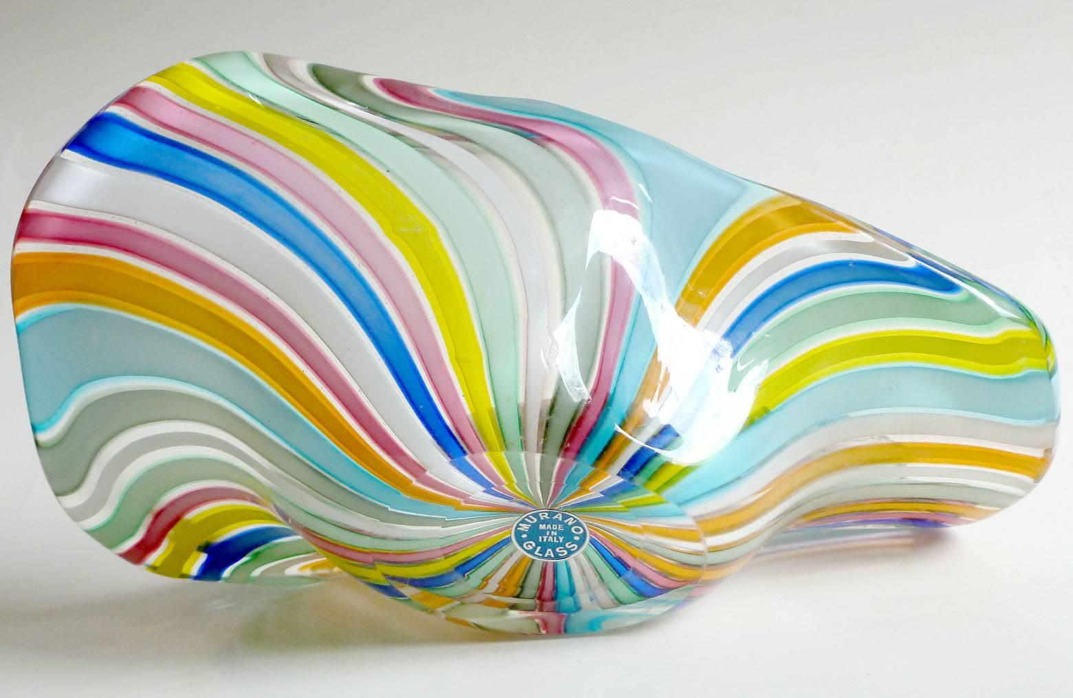 Hand-Crafted Fratelli Toso Murano Rainbow Colors Filigrana Ribbons Italian Art Glass Bowl