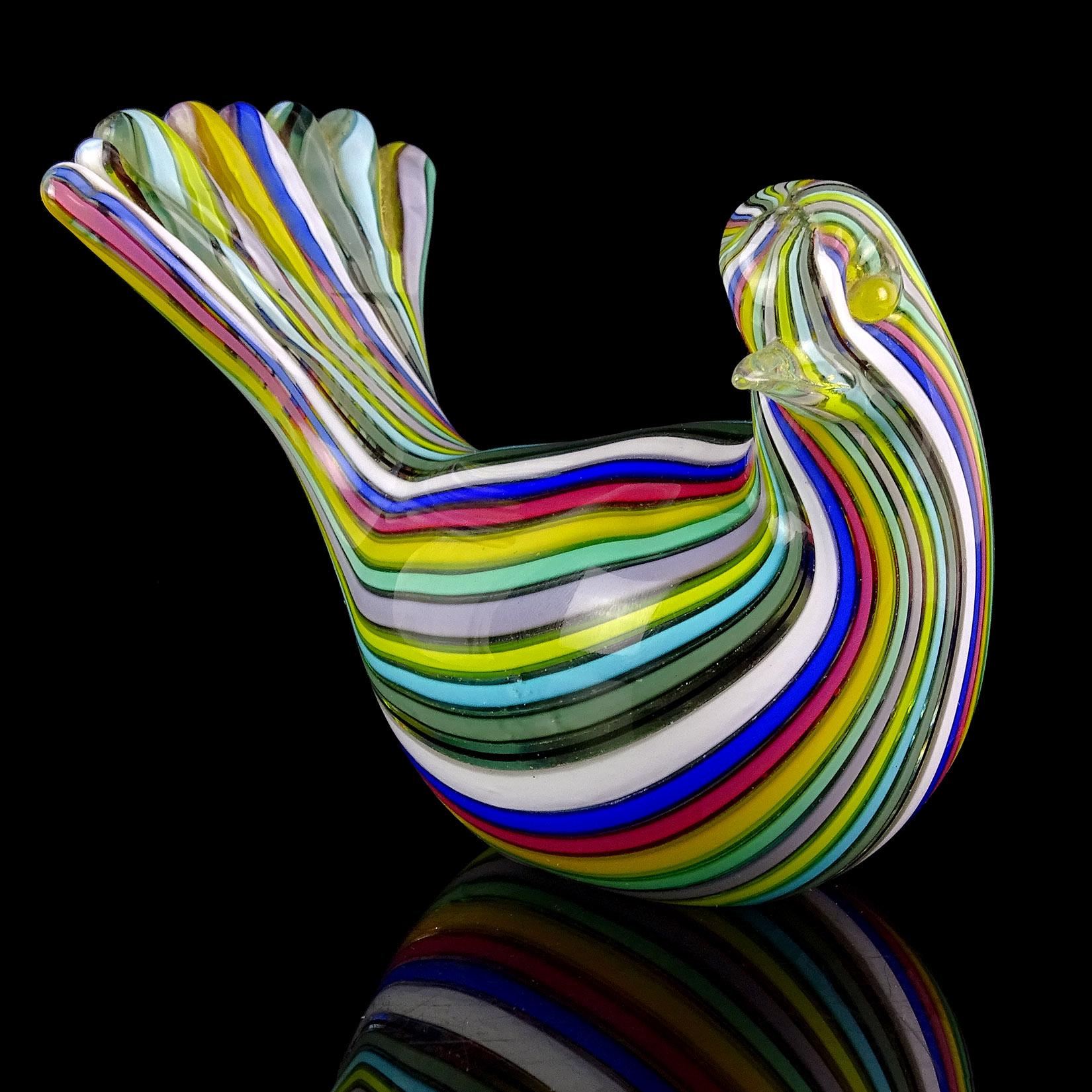 Mid-Century Modern Fratelli Toso Murano Rainbow Filigrana Ribbons Italian Art Glass Bird Figurine