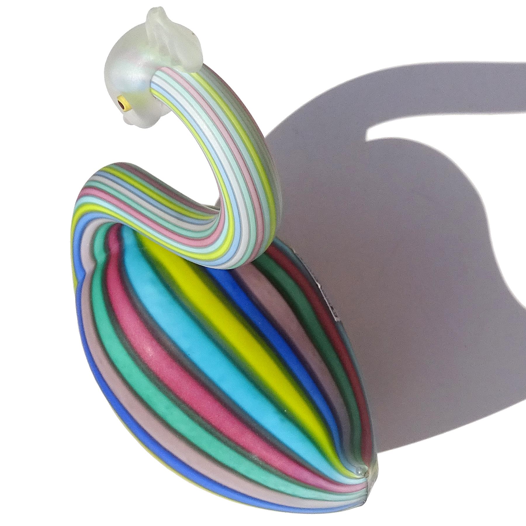 20th Century Fratelli Toso Murano Rainbow Filigrana Ribbons Italian Art Glass Swan Figurine For Sale