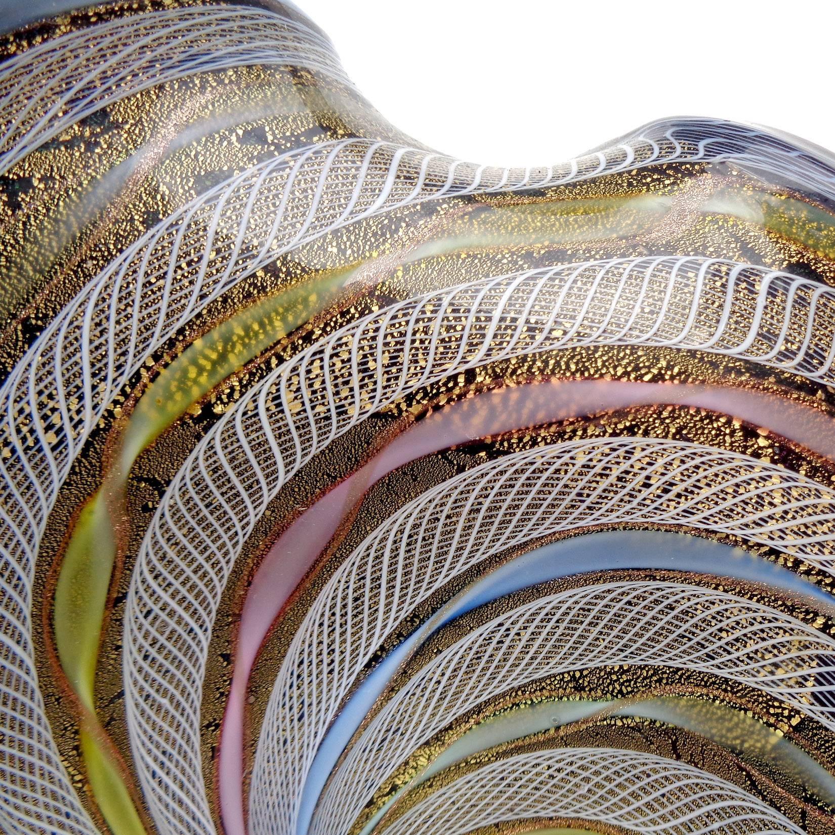 Mid-Century Modern Fratelli Toso Murano Rainbow Ribbons Black Gold Flecks Italian Art Glass Bowl