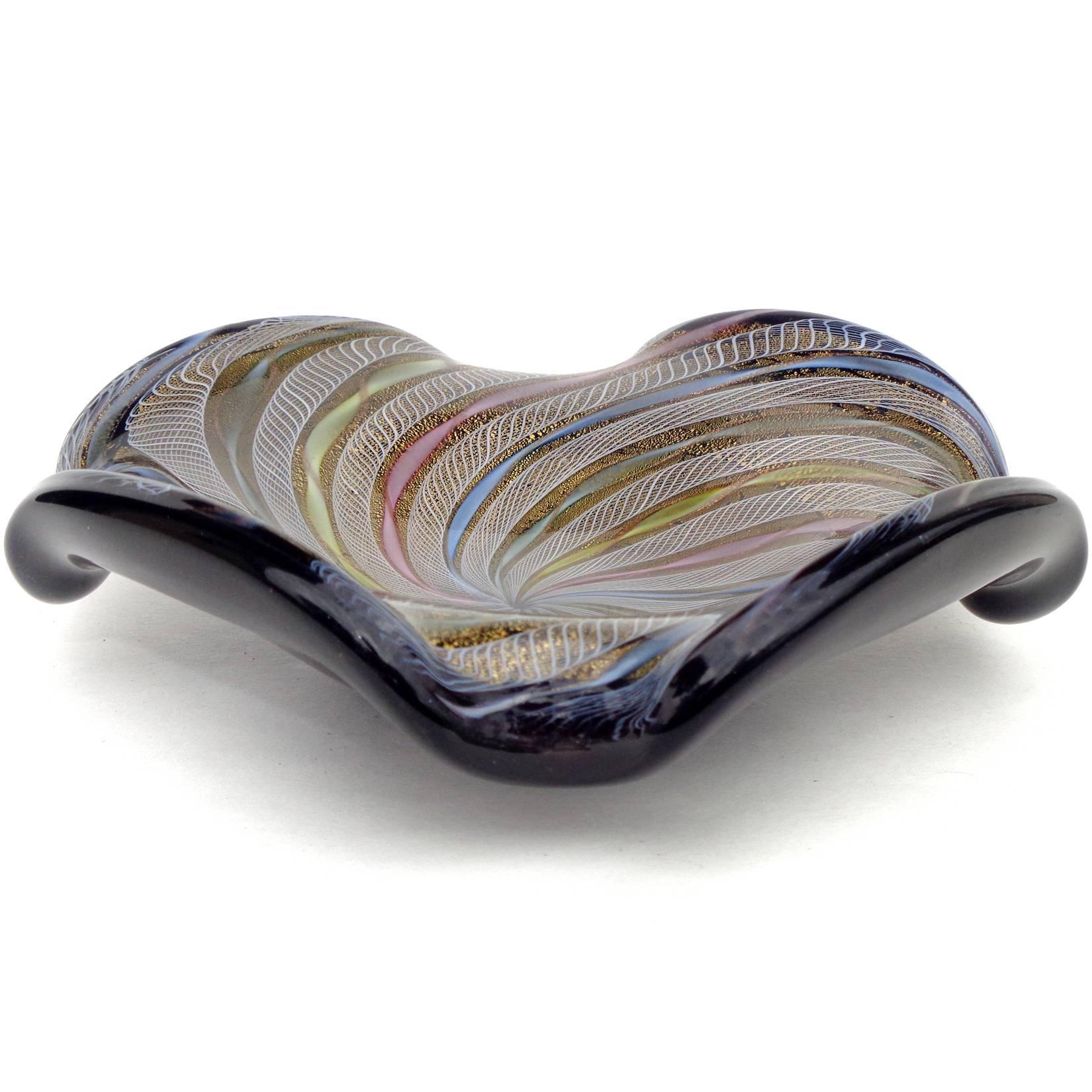 Hand-Crafted Fratelli Toso Murano Rainbow Ribbons Black Gold Flecks Italian Art Glass Bowl