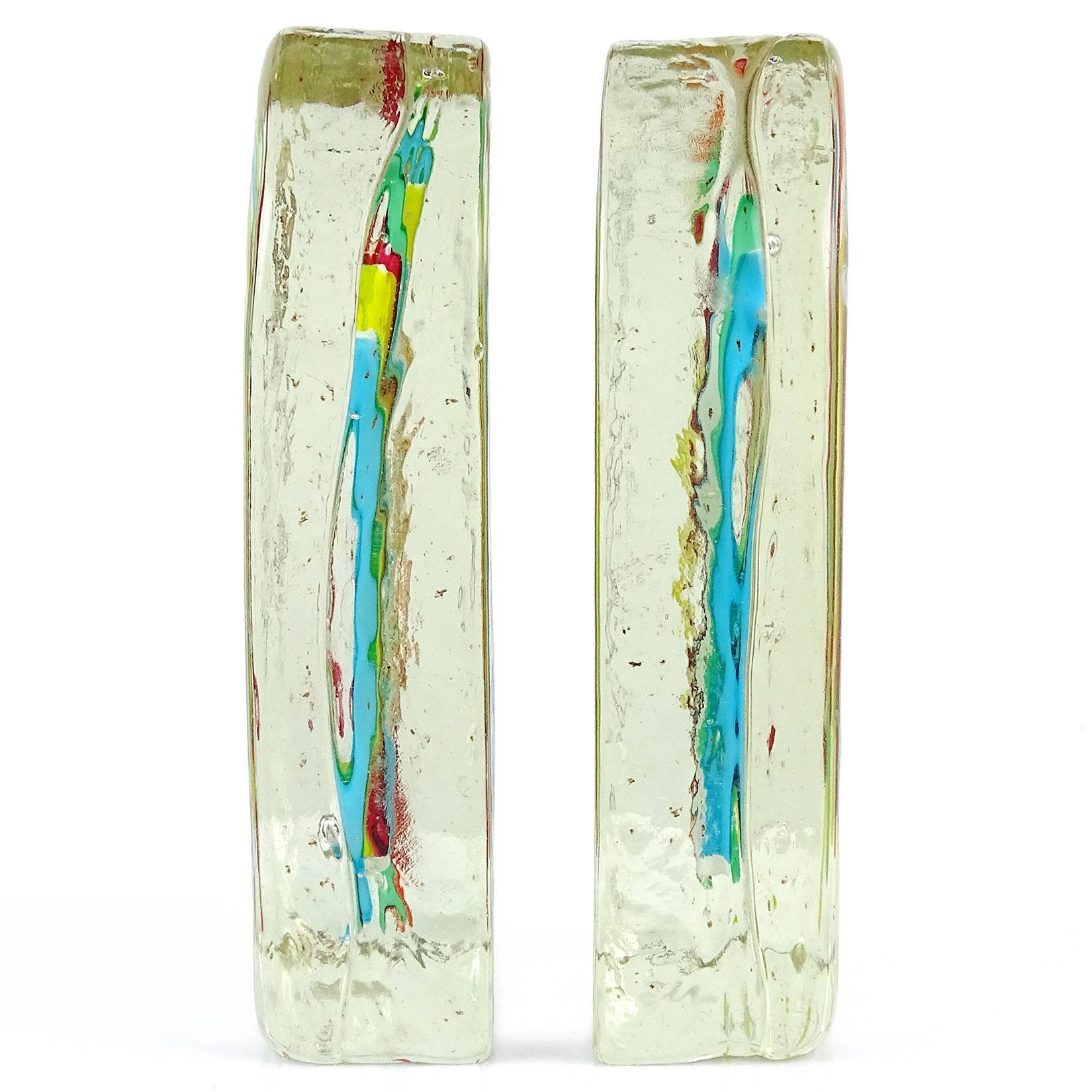 Mid-Century Modern Fratelli Toso Murano Rainbow Ribbons Italian Art Glass Bookend Sculptures
