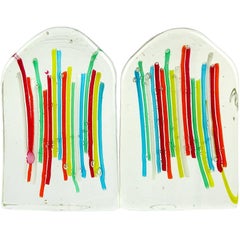 Fratelli Toso Murano Rainbow Ribbons Italian Art Glass Bookend Sculptures