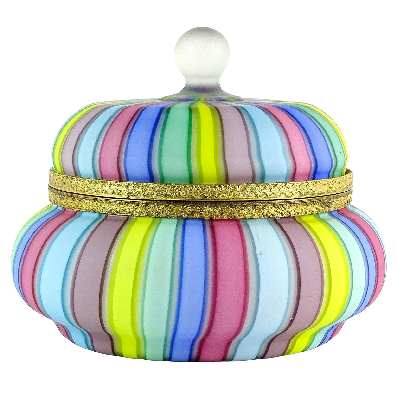 Fratelli Toso Murano Rainbow Ribbons Italian Art Glass Satin Vanity Jewelry Box