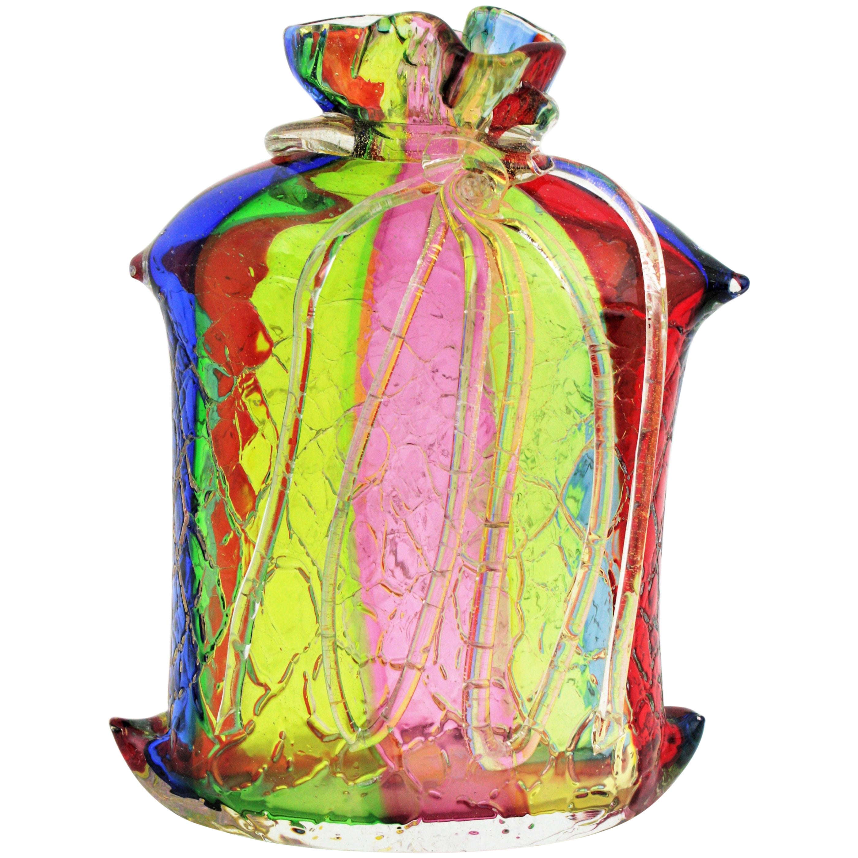 Fratelli Toso Murano Vase en verre à ruban rayé arc-en-ciel et mouchetures d'or en vente