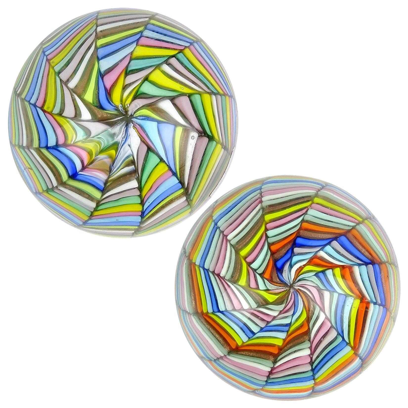 Fratelli Toso Murano Rainbow Stripes Ribbons Italian Art Glass Paperweights