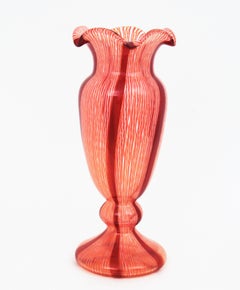 Fratelli Toso Murano Red White Stripes Large Art Glass Vase