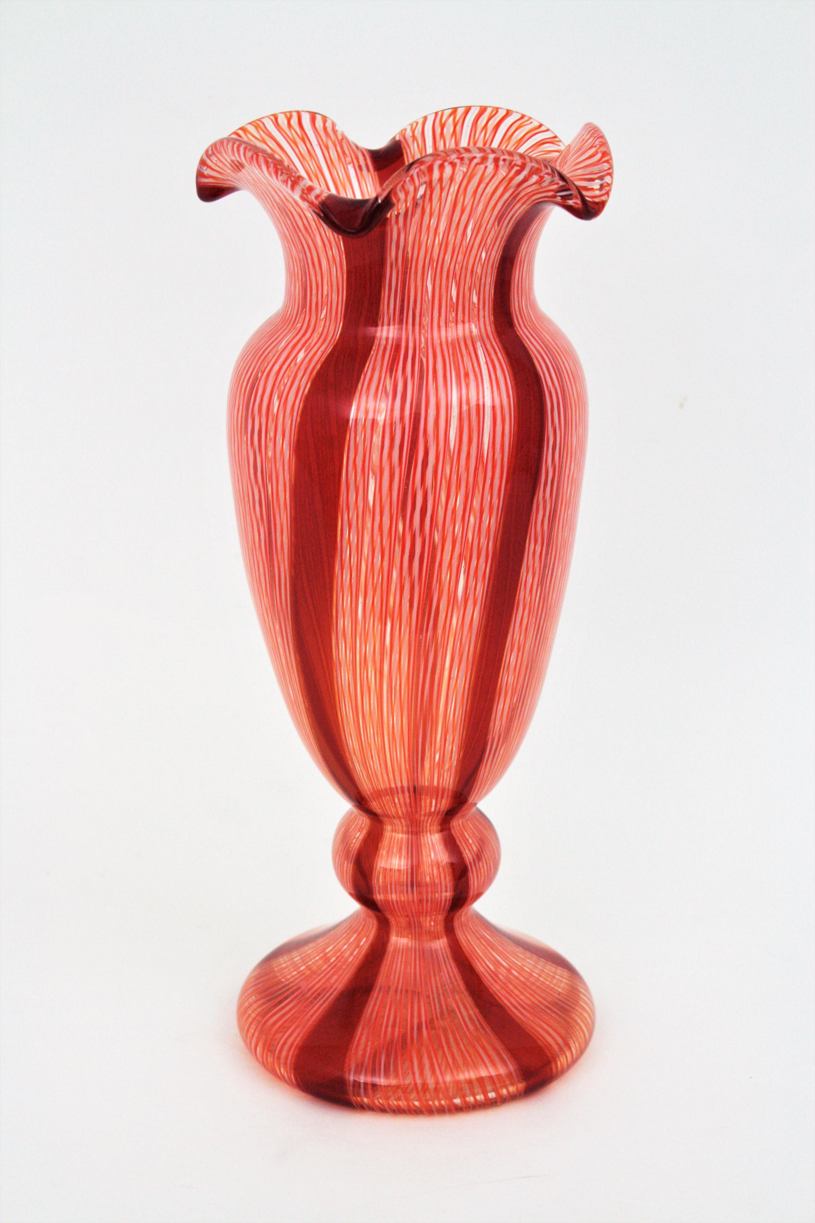 Blown Glass Fratelli Toso Murano Red and White Ribbons Large Art Glass Vase For Sale