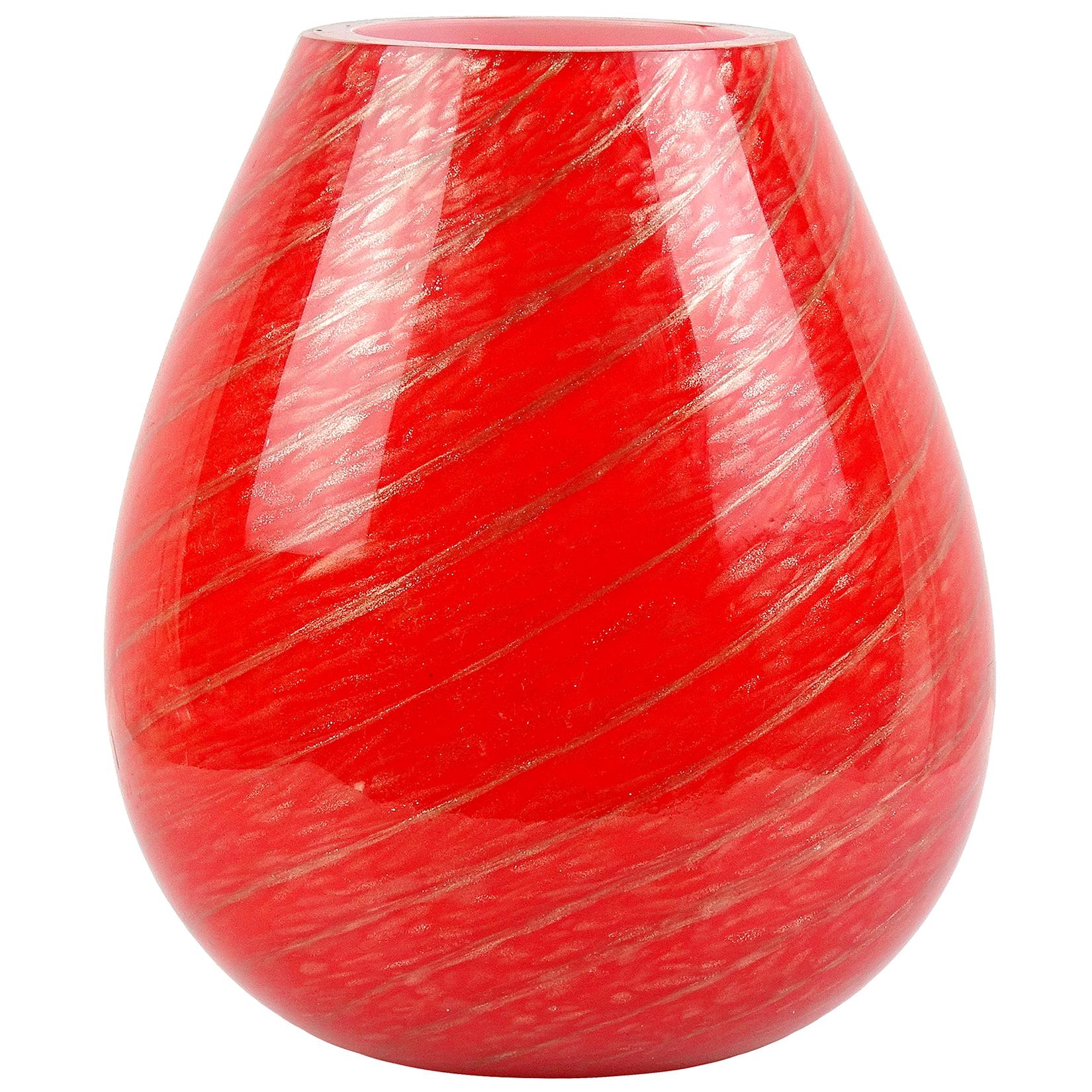Fratelli Toso Murano Red Aventurine Candy Cane Italian Art Glass Flower Vase